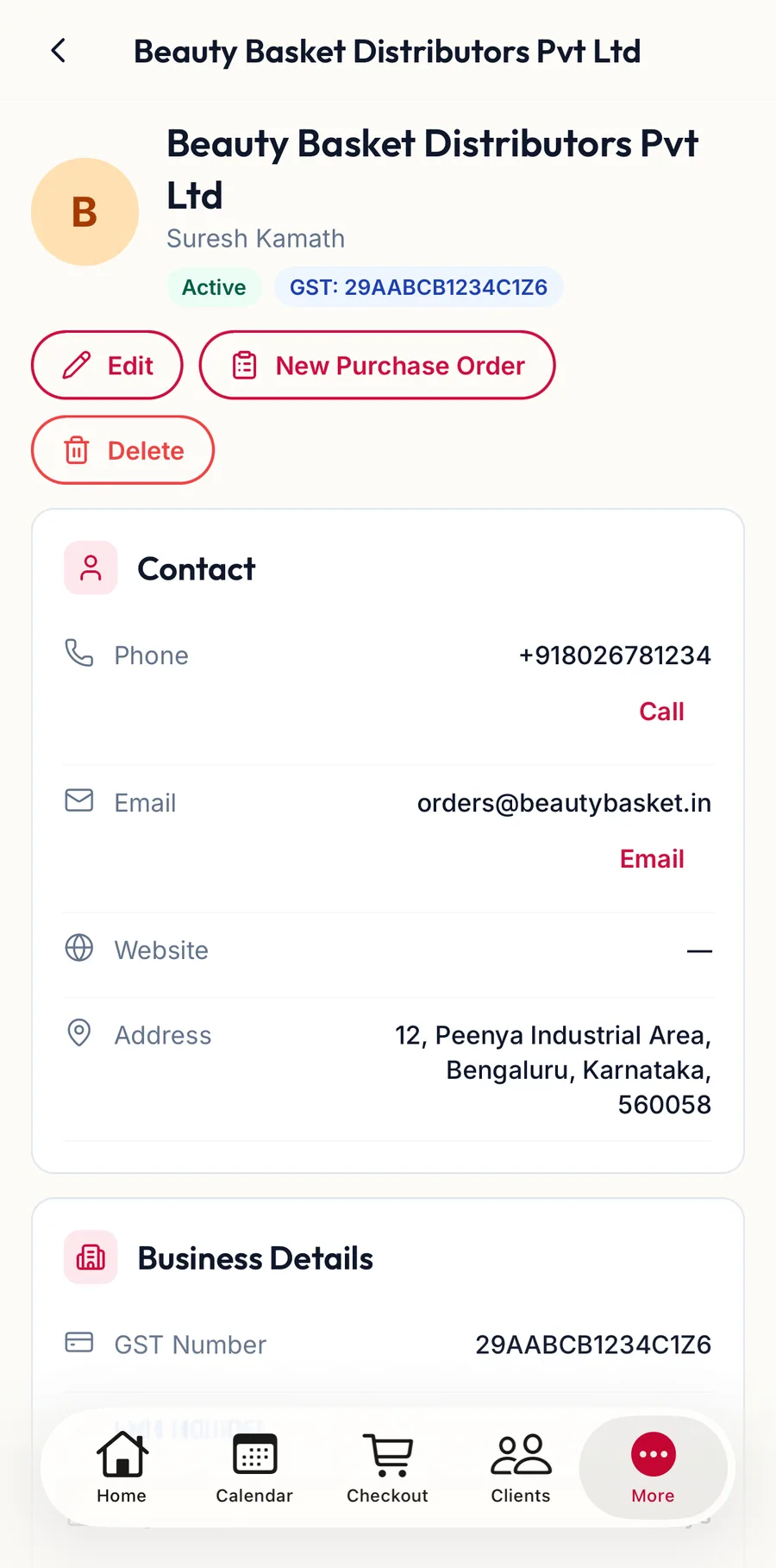 A supplier's details in the app