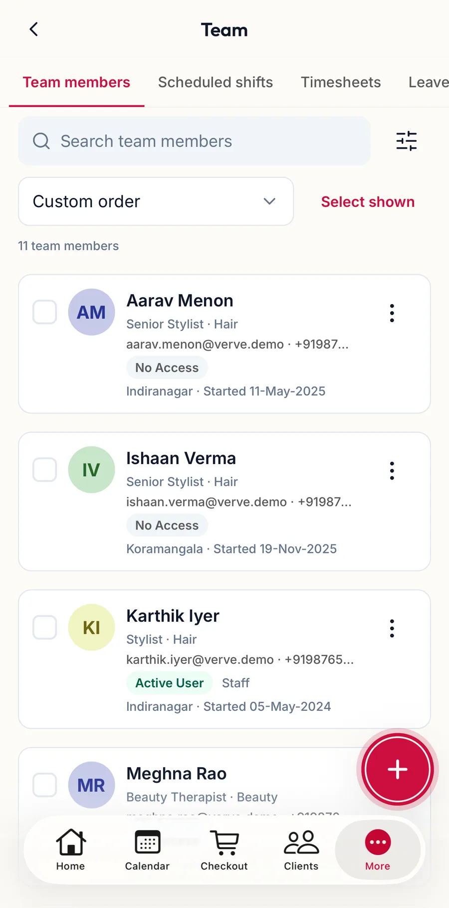 The Staff tab in the app with the add button highlighted
