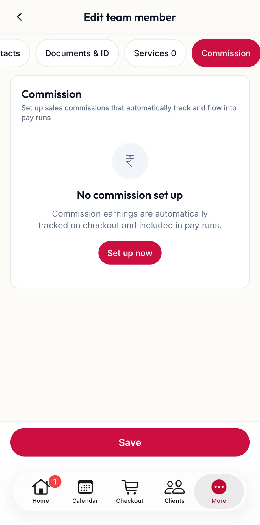 The Commission section of the team member form in the app