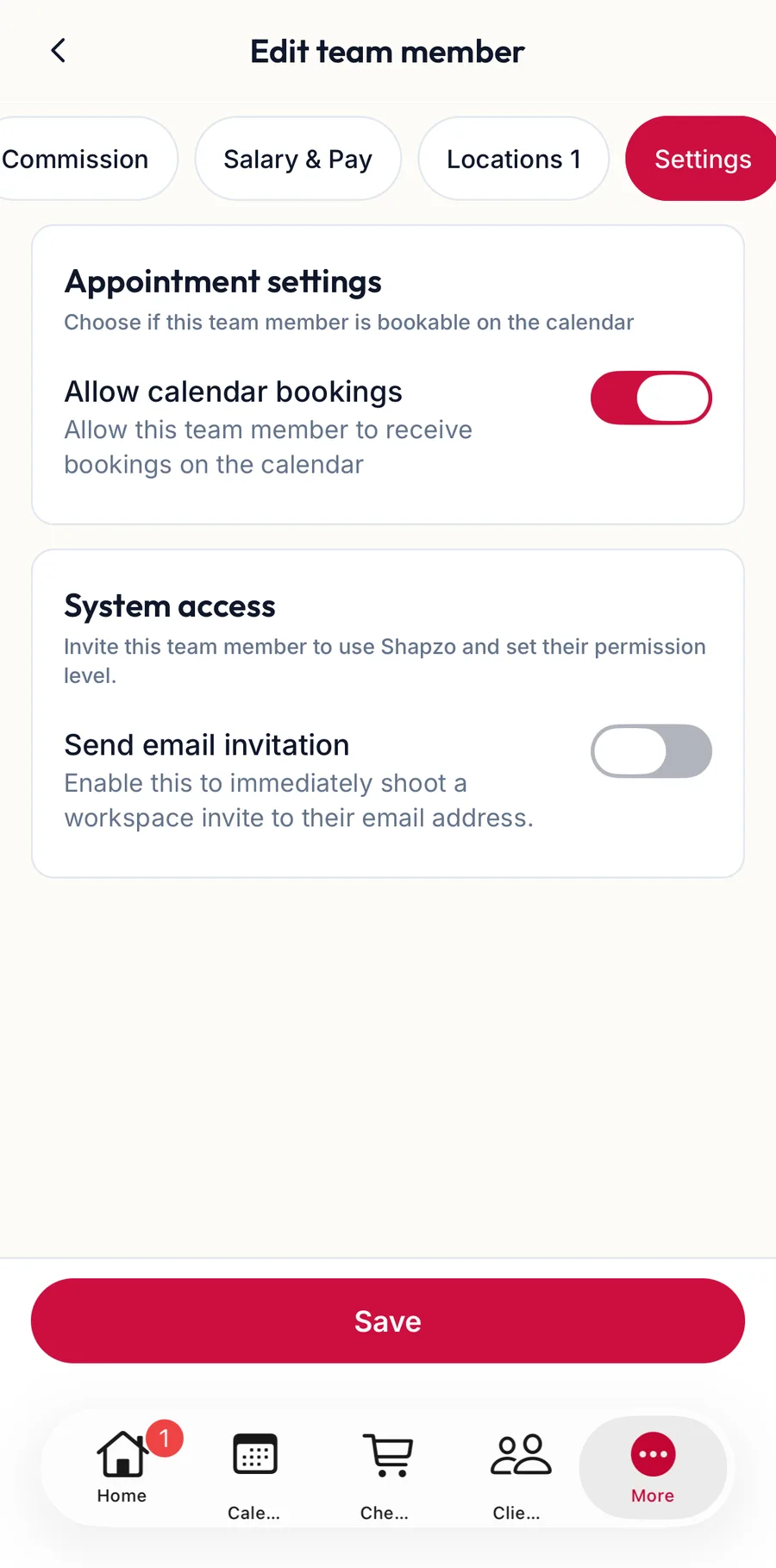 The Settings section of the team member form in the app