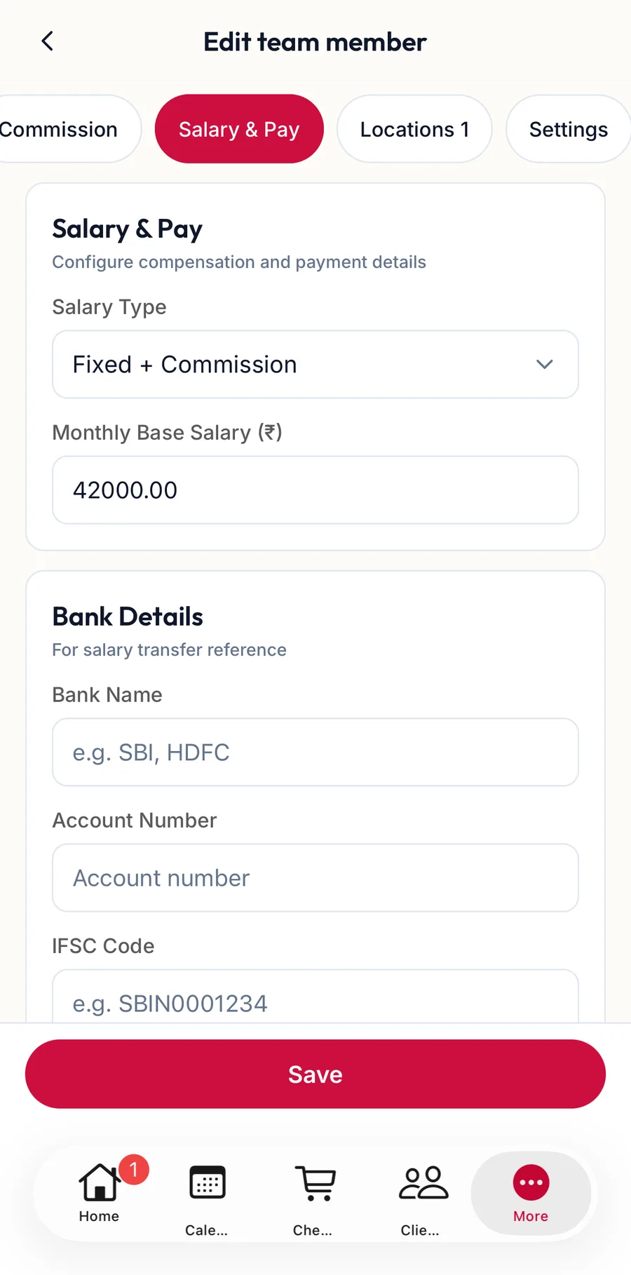 The Salary and Pay section of the team member form in the app