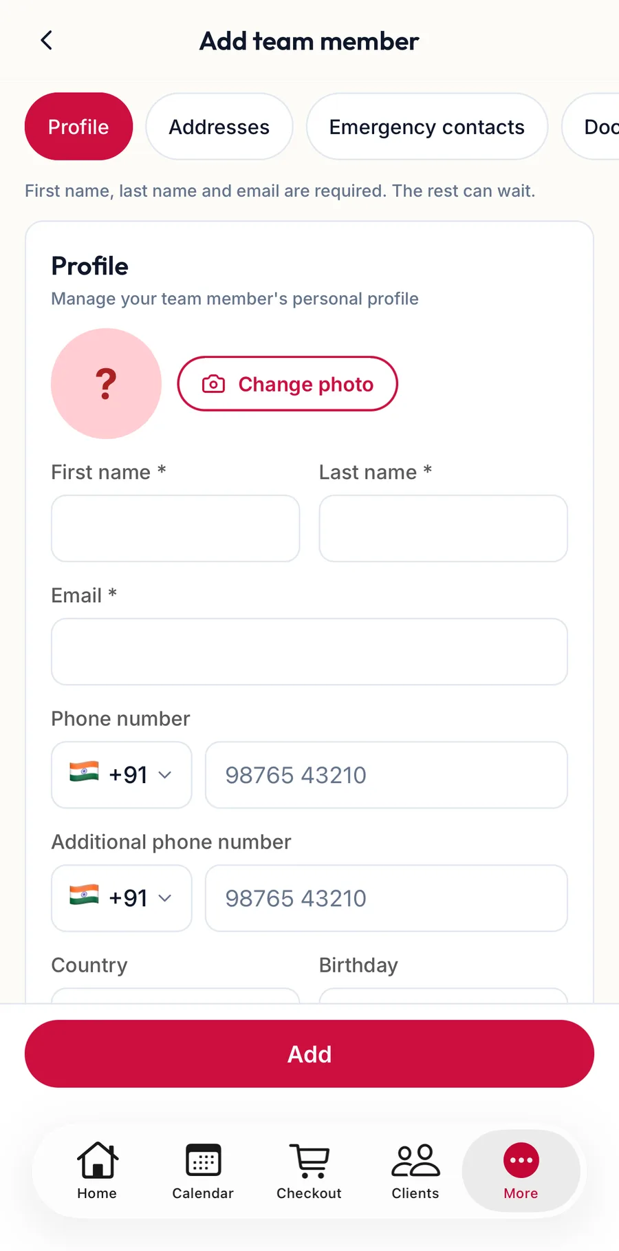 The Add team member form in the app