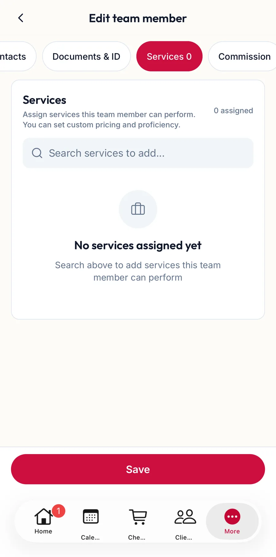The Services section of the team member form in the app