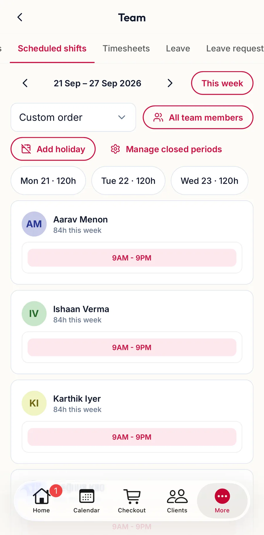 The Shifts tab in the app