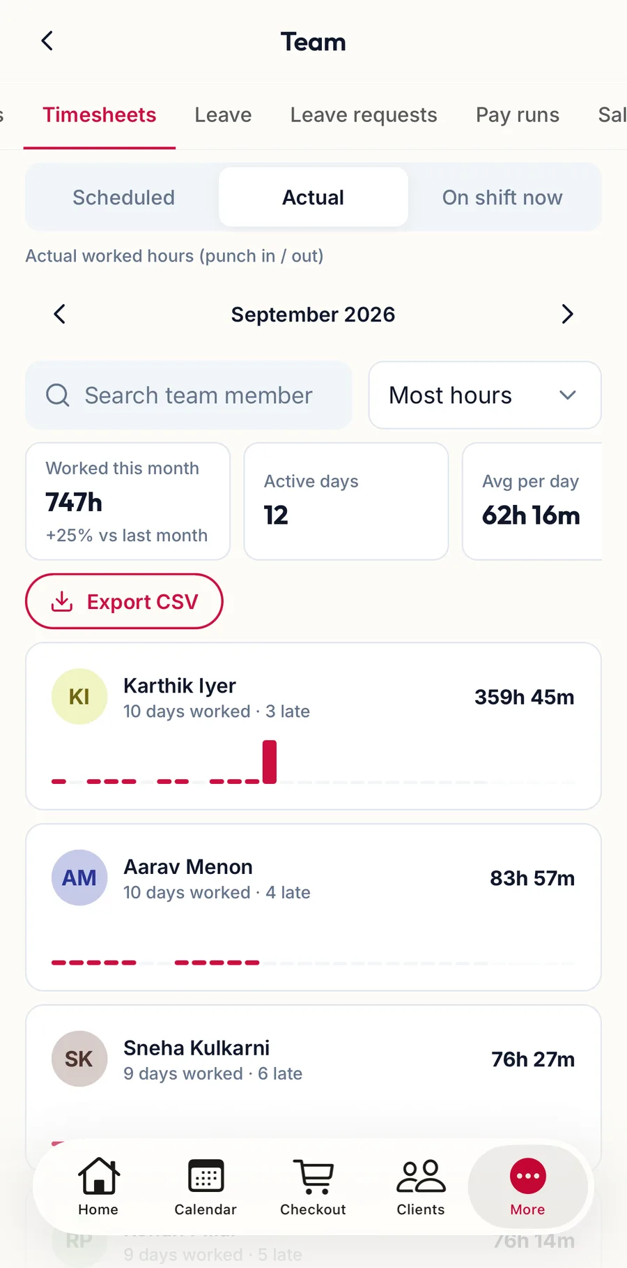 The Timesheets tab in the app