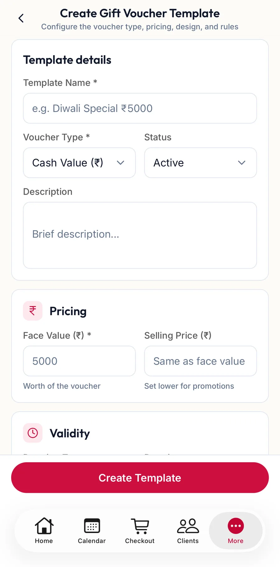 The Create Gift Voucher Template form in the app