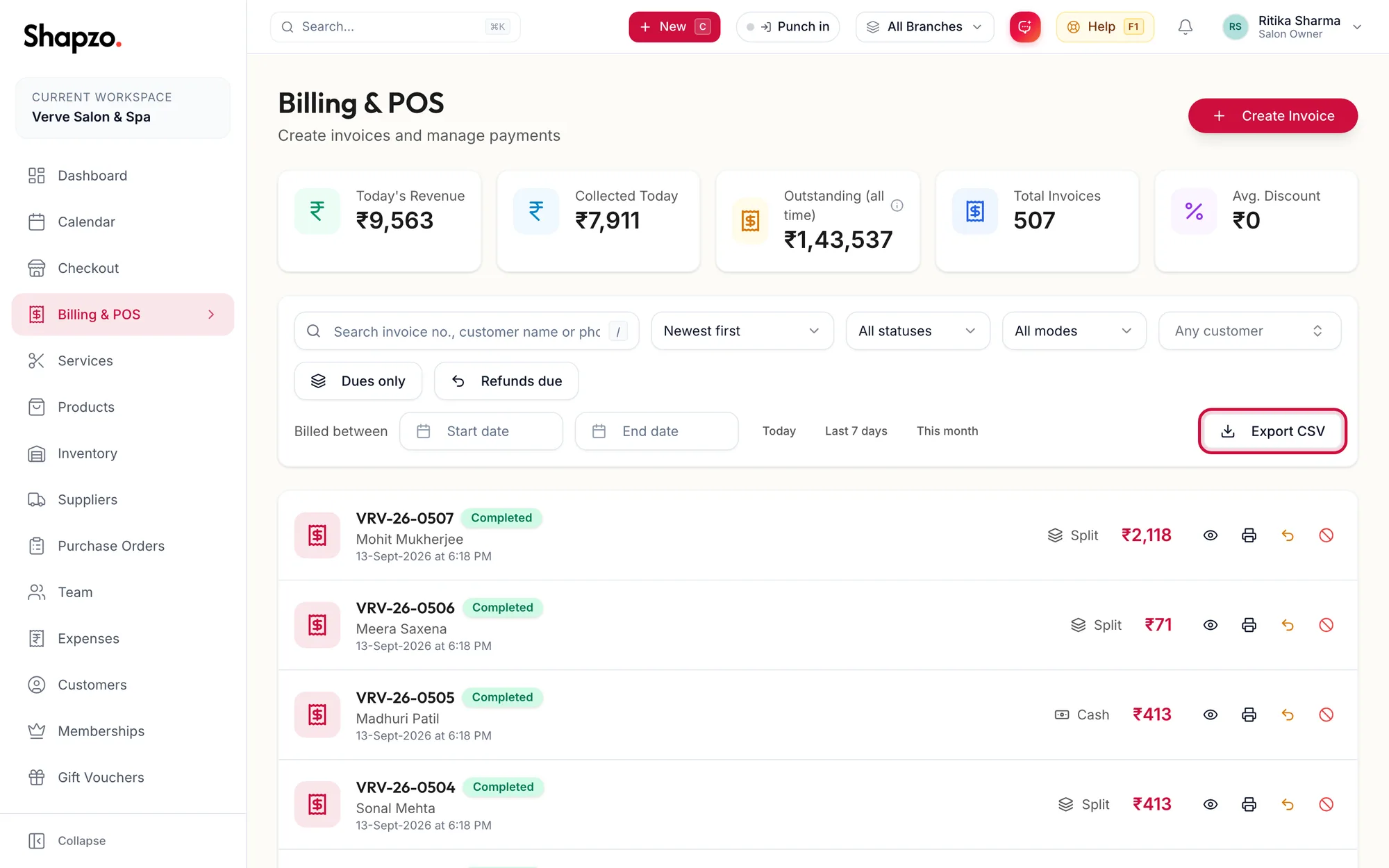 The Billing page with Export CSV highlighted