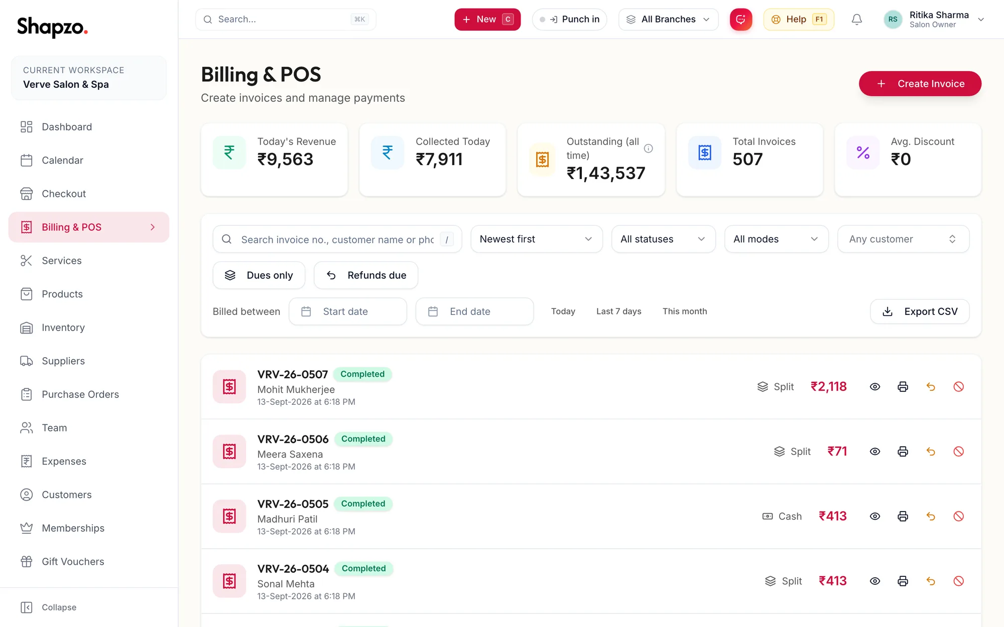 The Billing and POS page with its filters