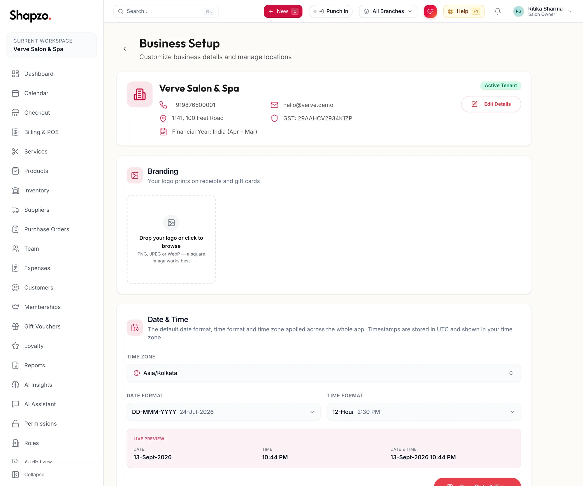 The Business setup page with business details, branding and date and time