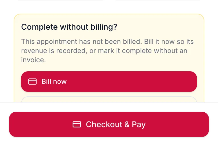 The prompt offering Bill now or Mark complete without billing