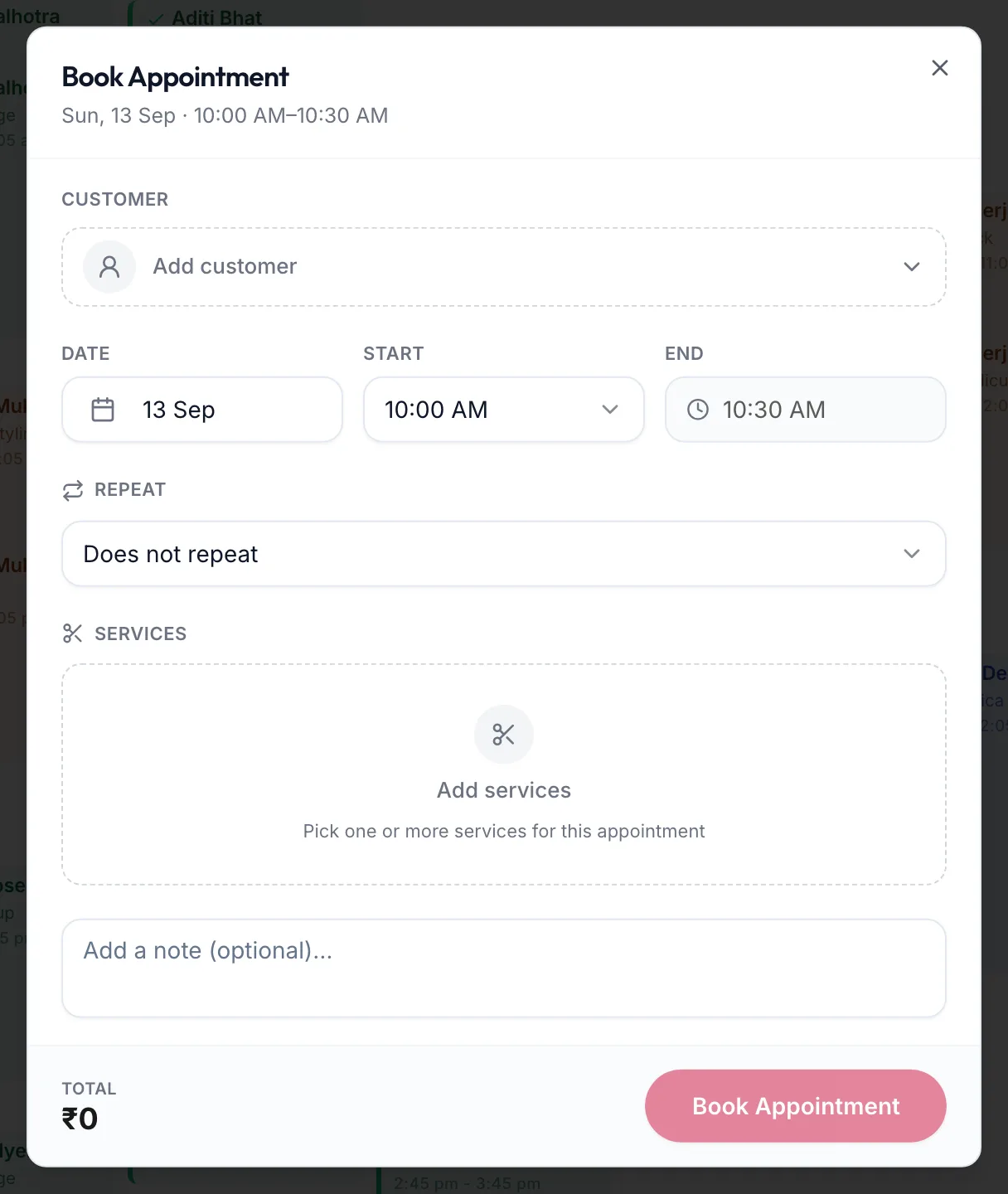 The Book Appointment form with customer, date, time and services