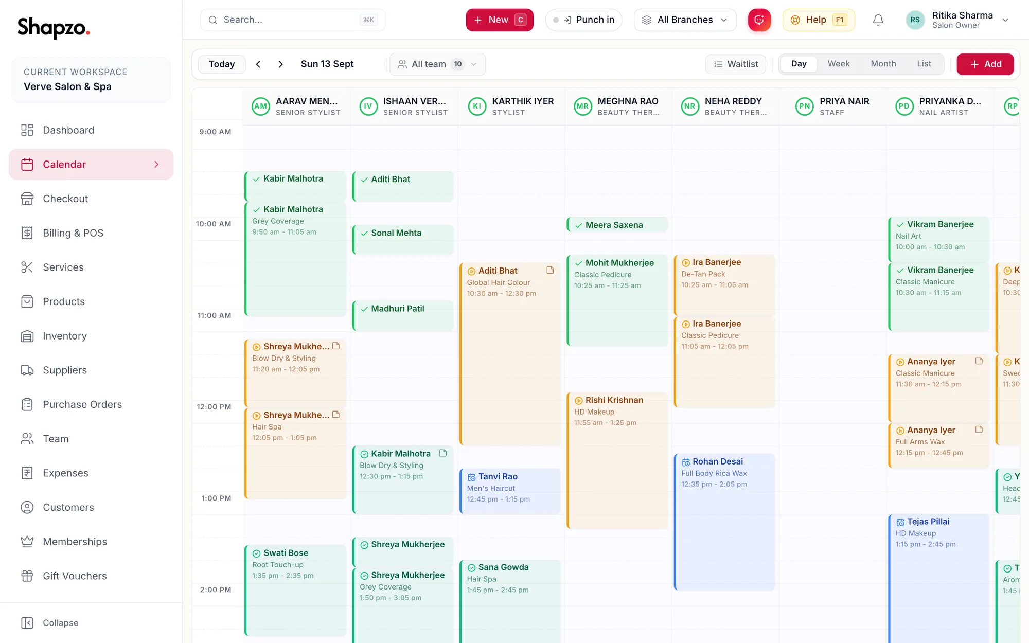 The calendar in day view with one column per team member