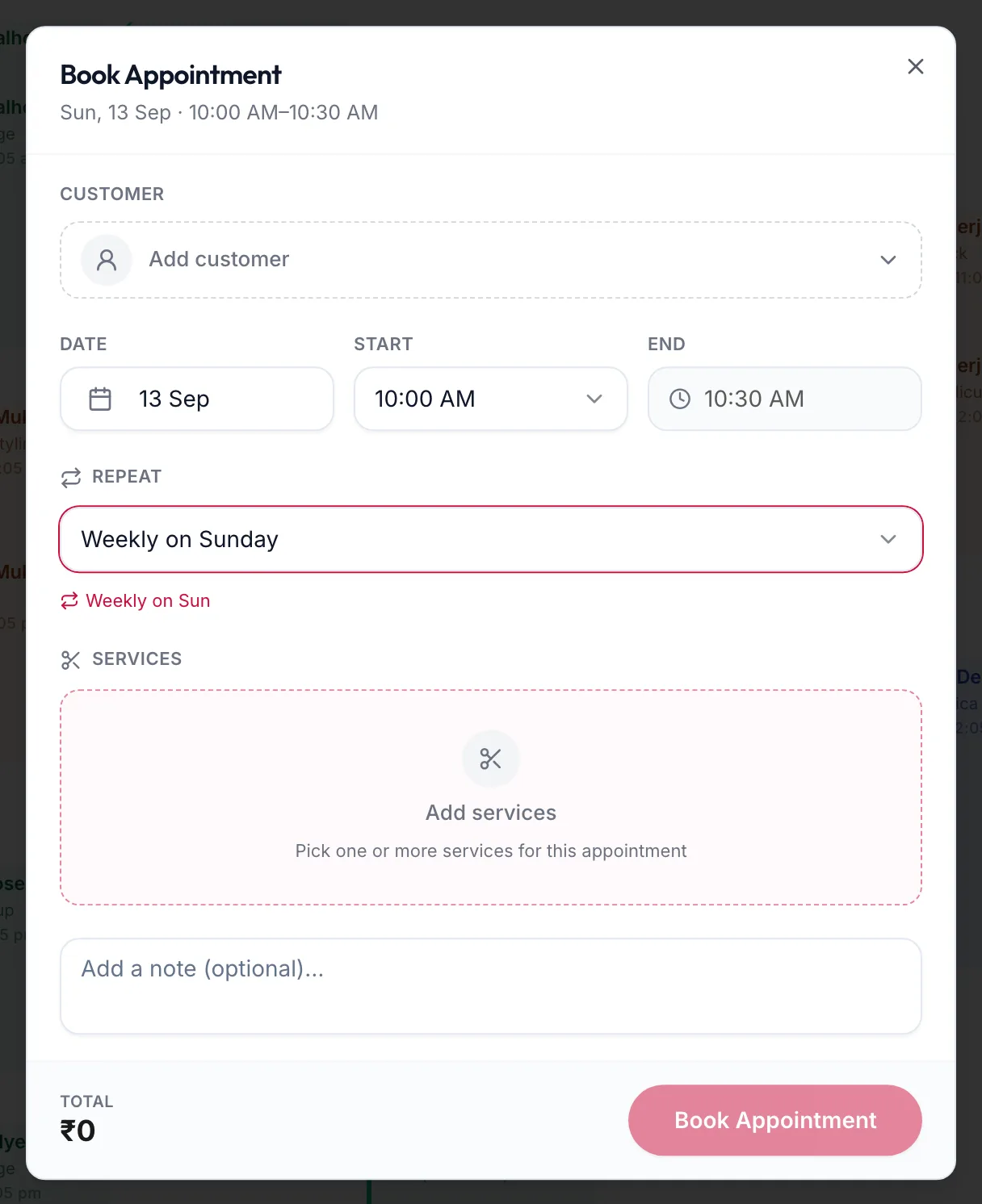 The Book Appointment form with a weekly repeat
