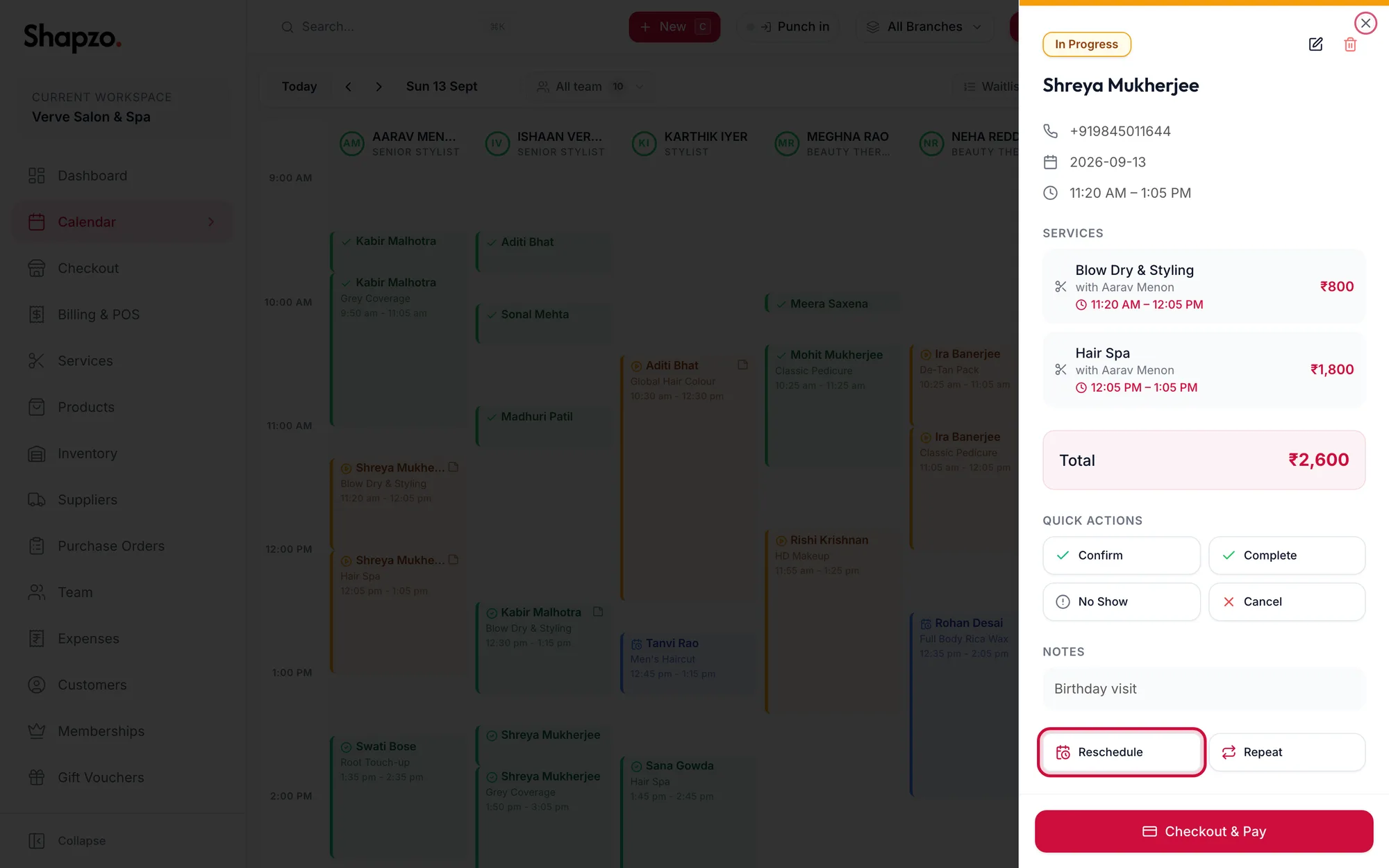 The side panel with the Reschedule button highlighted