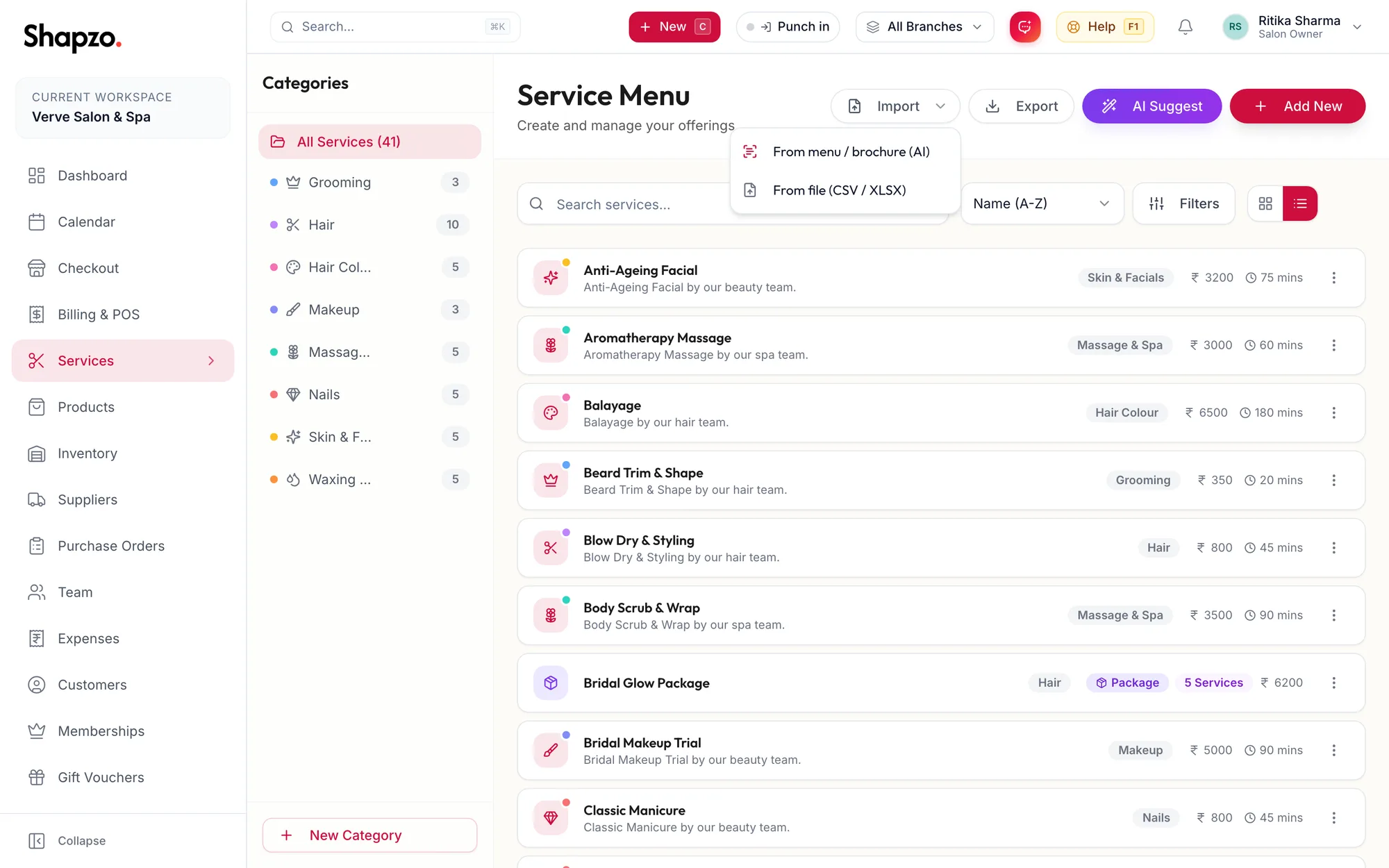 The Services page with the Import menu open