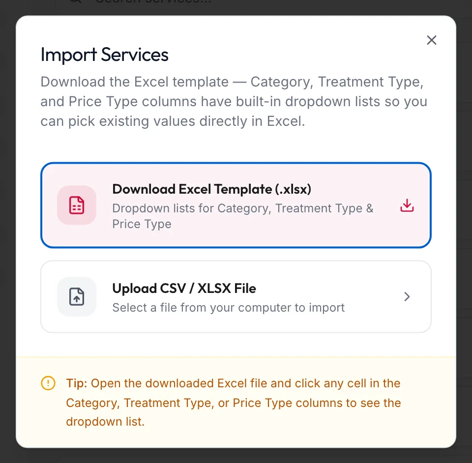 The Import Services dialog