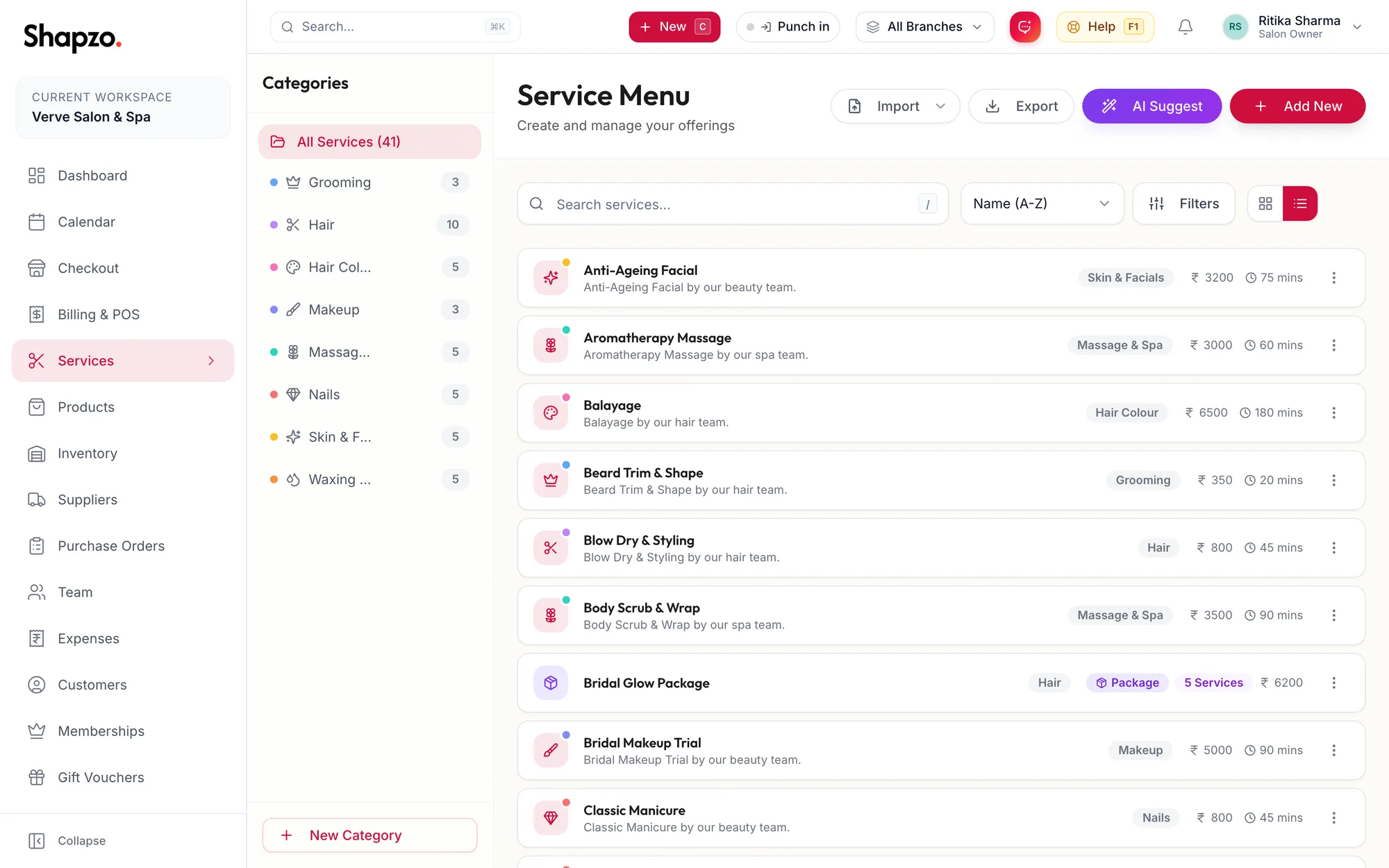 The Services page with the Categories sidebar