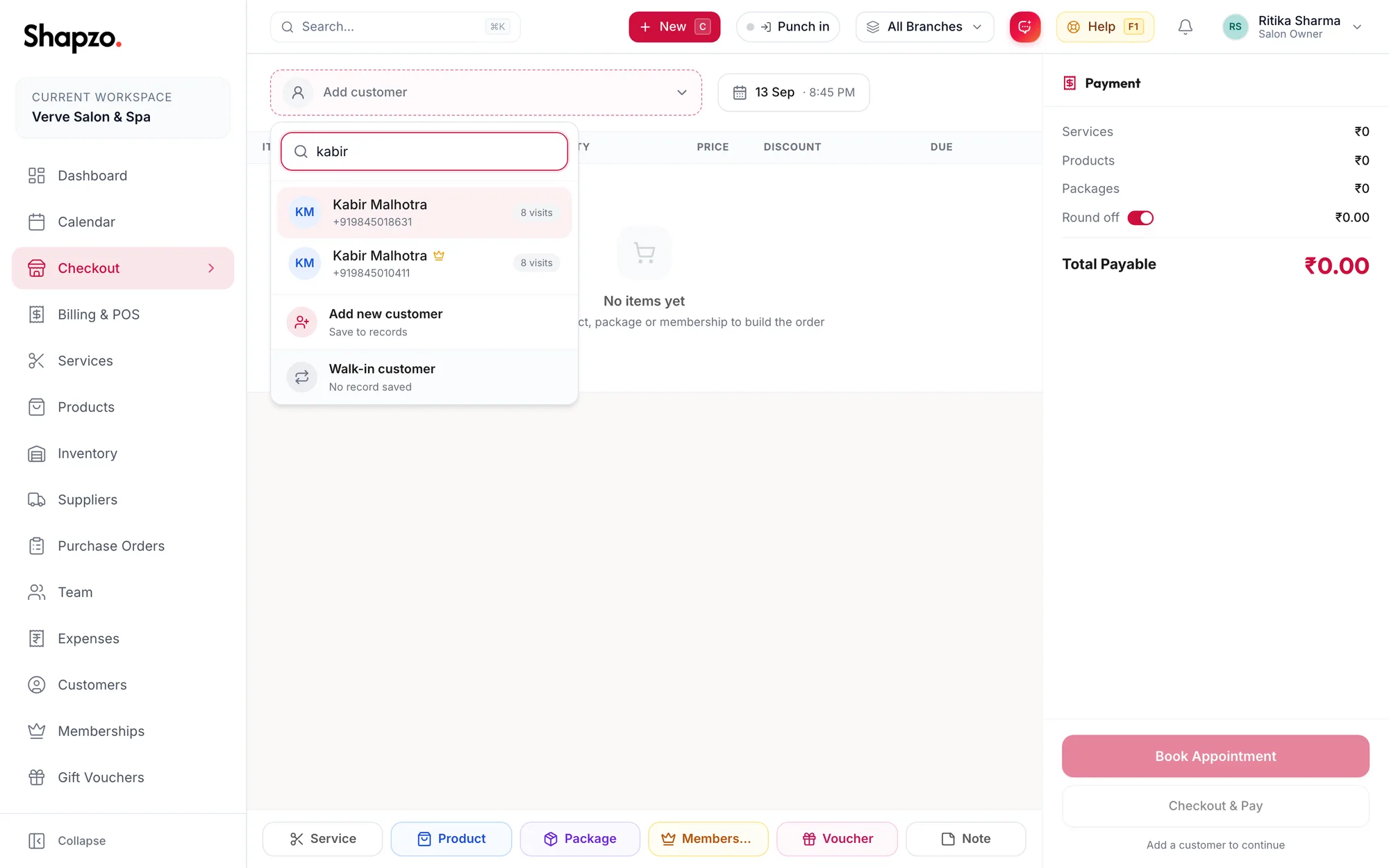 The customer picker on checkout with search results