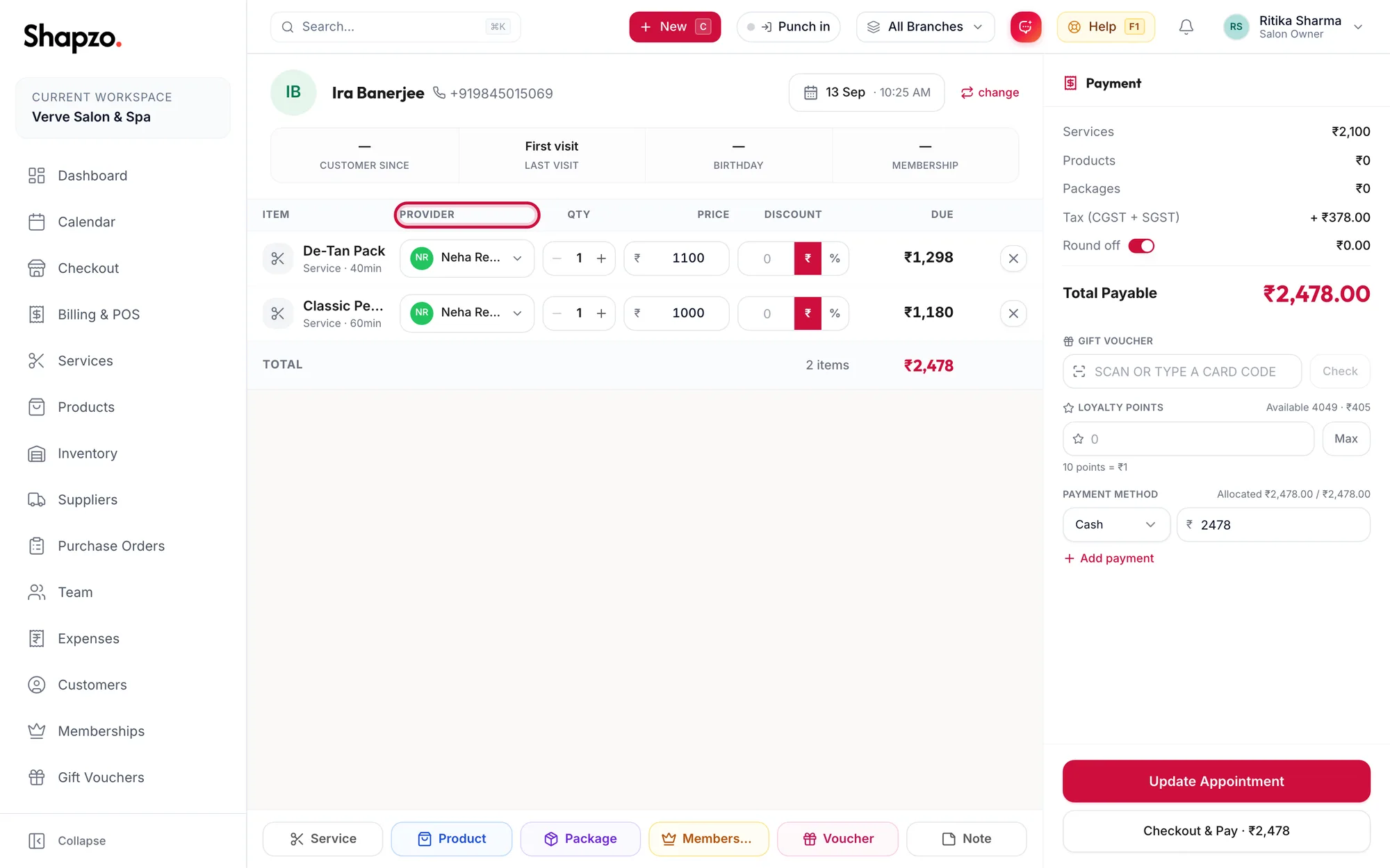 The items grid with services and a product