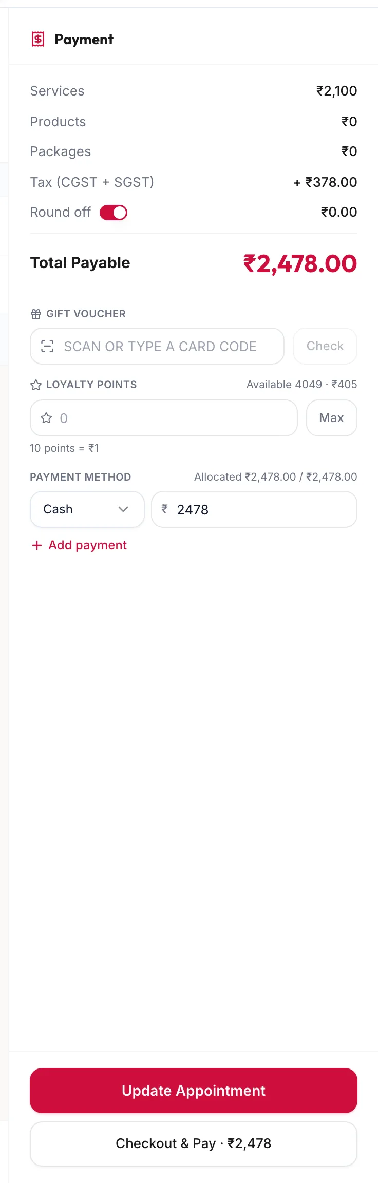 The payment panel with payment method rows