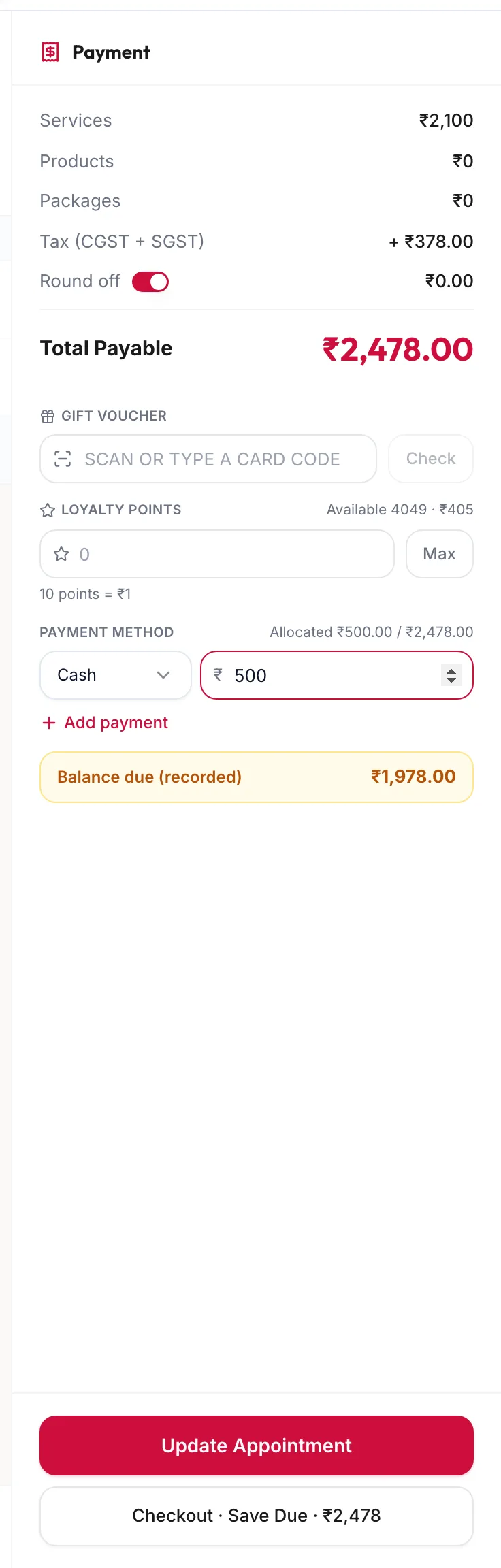 The payment panel showing a balance recorded as due