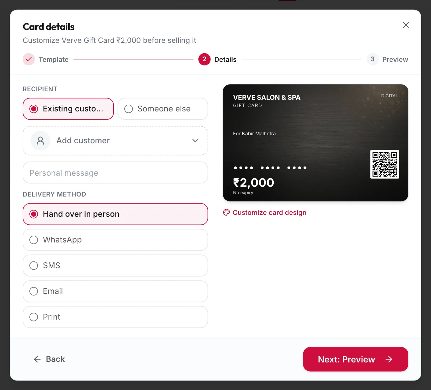 The gift card wizard on the Card details step