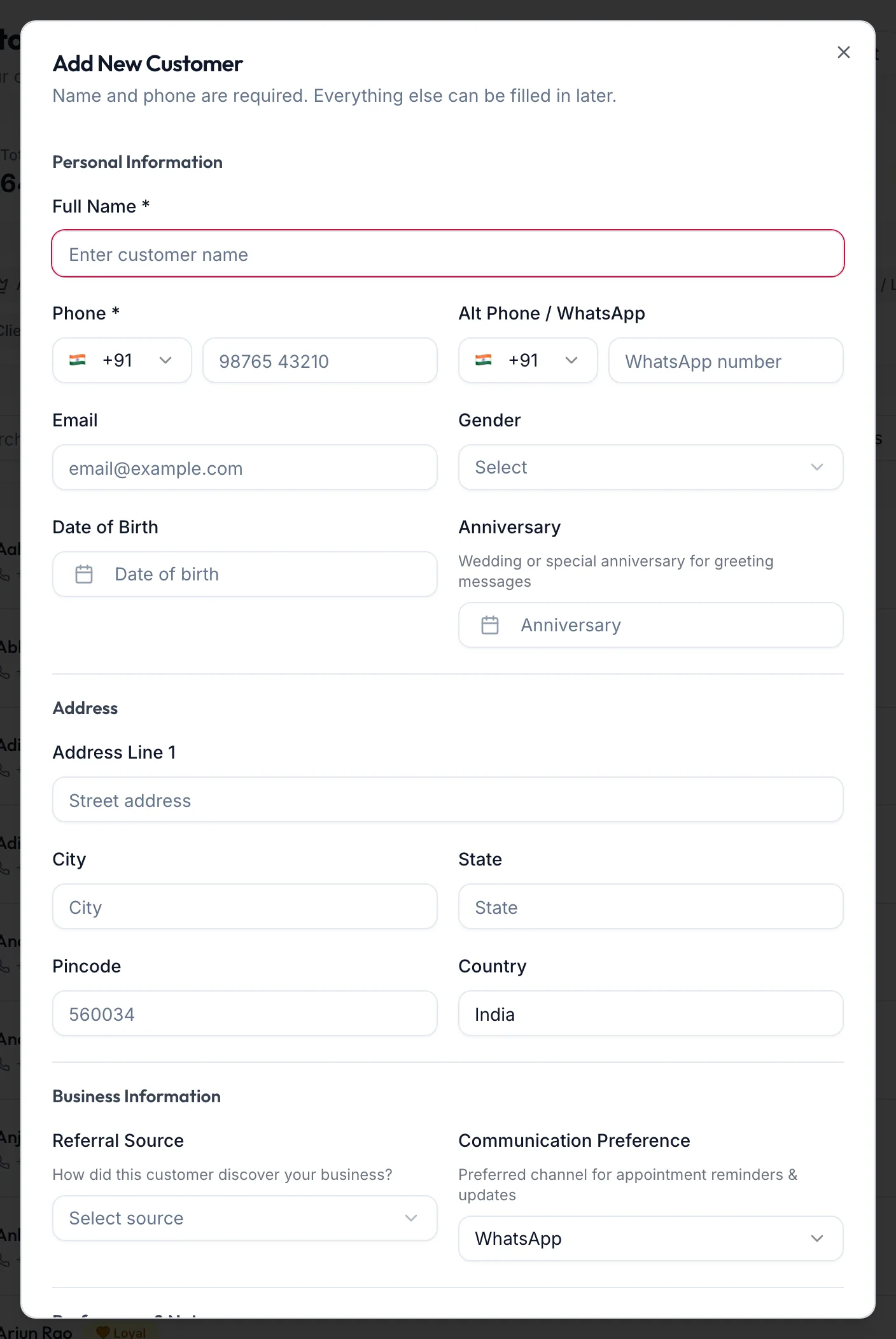 The Add New Customer dialog