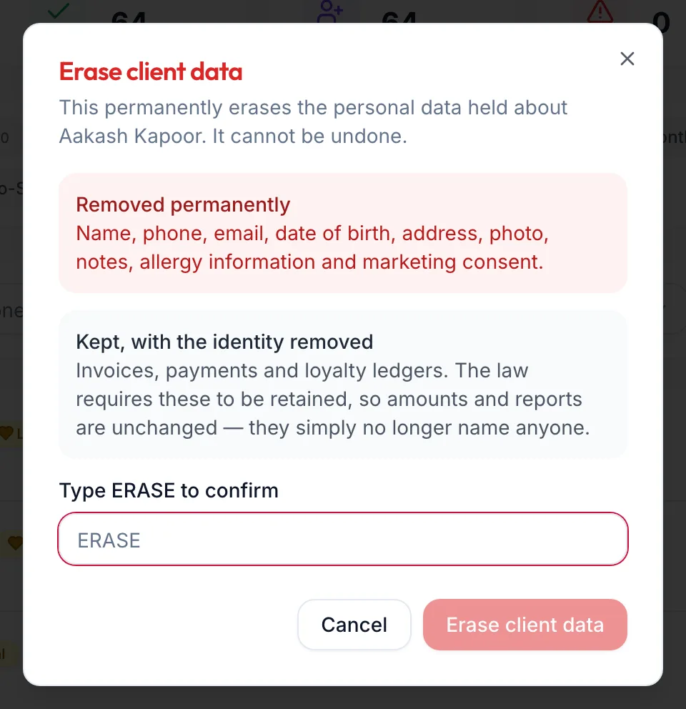 The Erase client data dialog