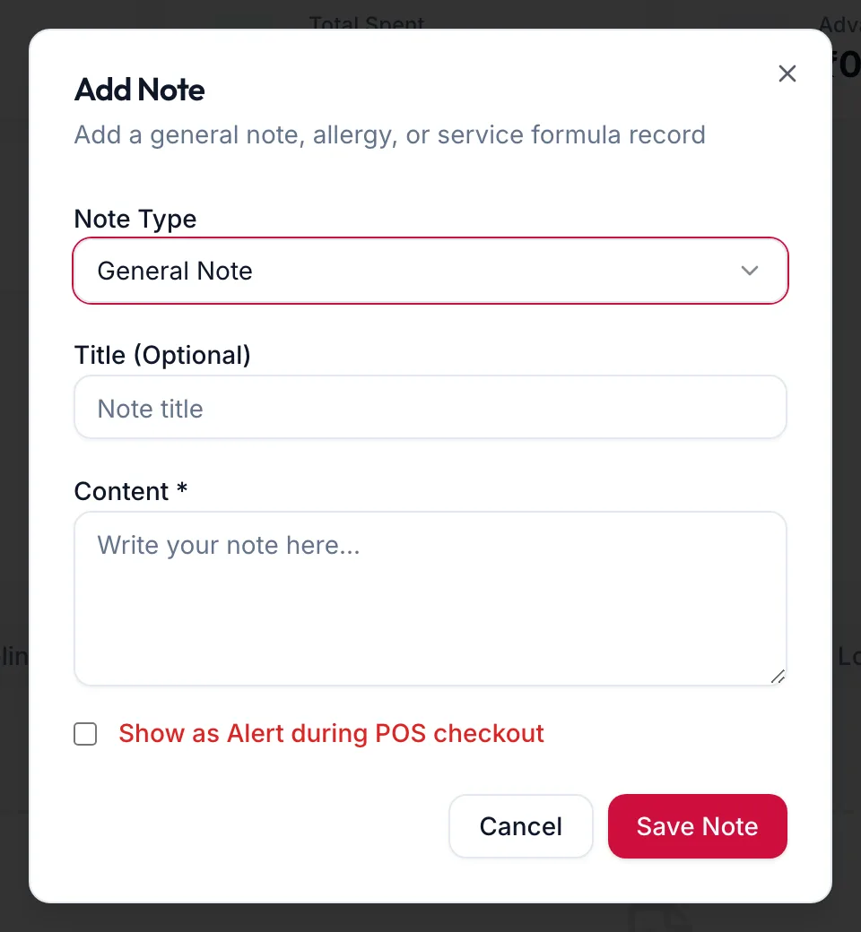 The Add Note dialog