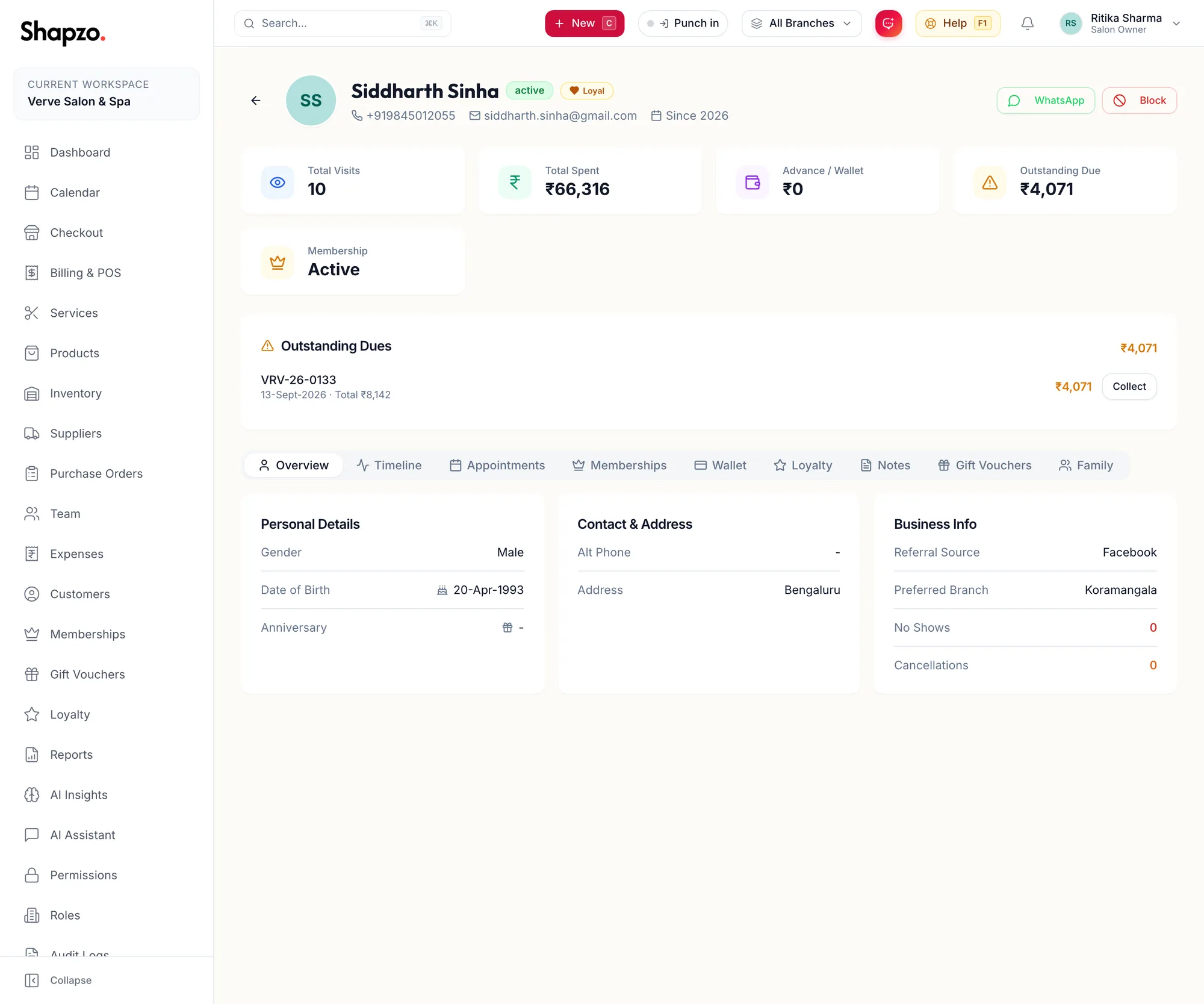 A customer profile with its stats and tabs