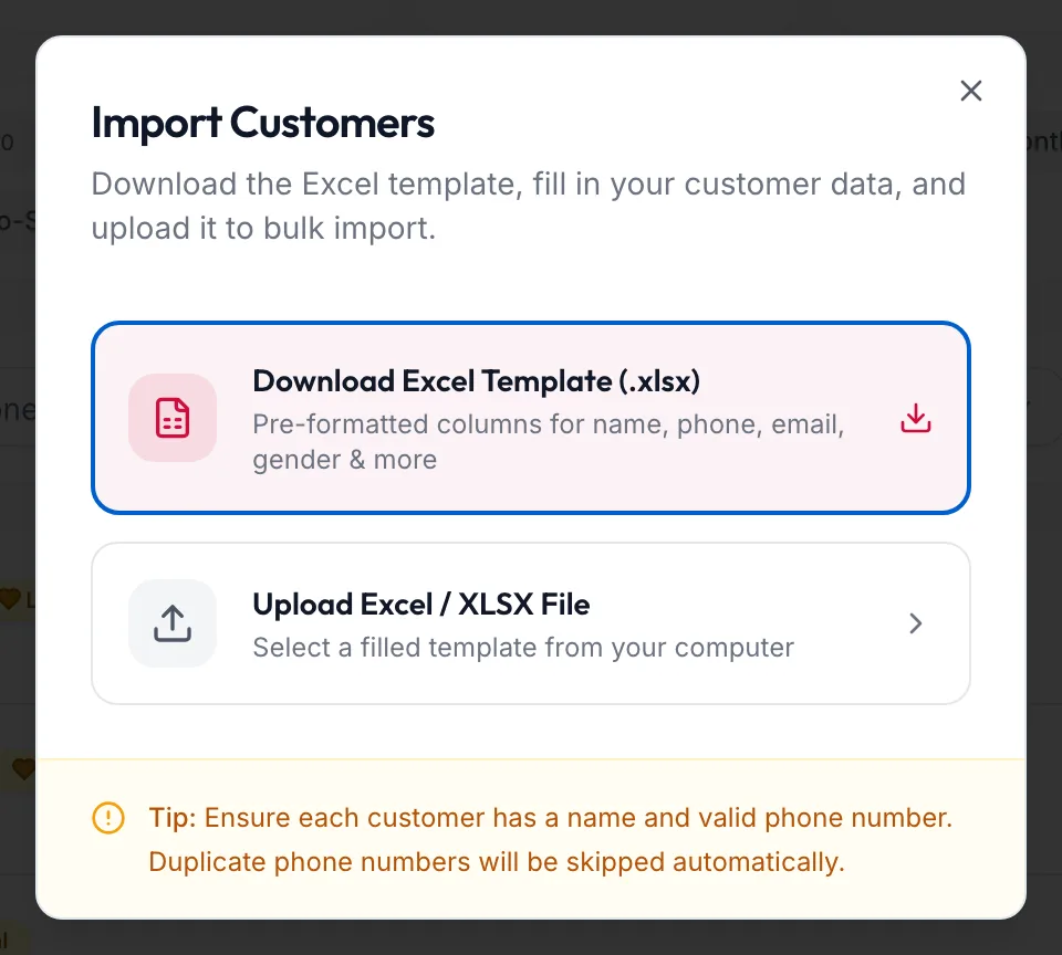 The Import Customers dialog