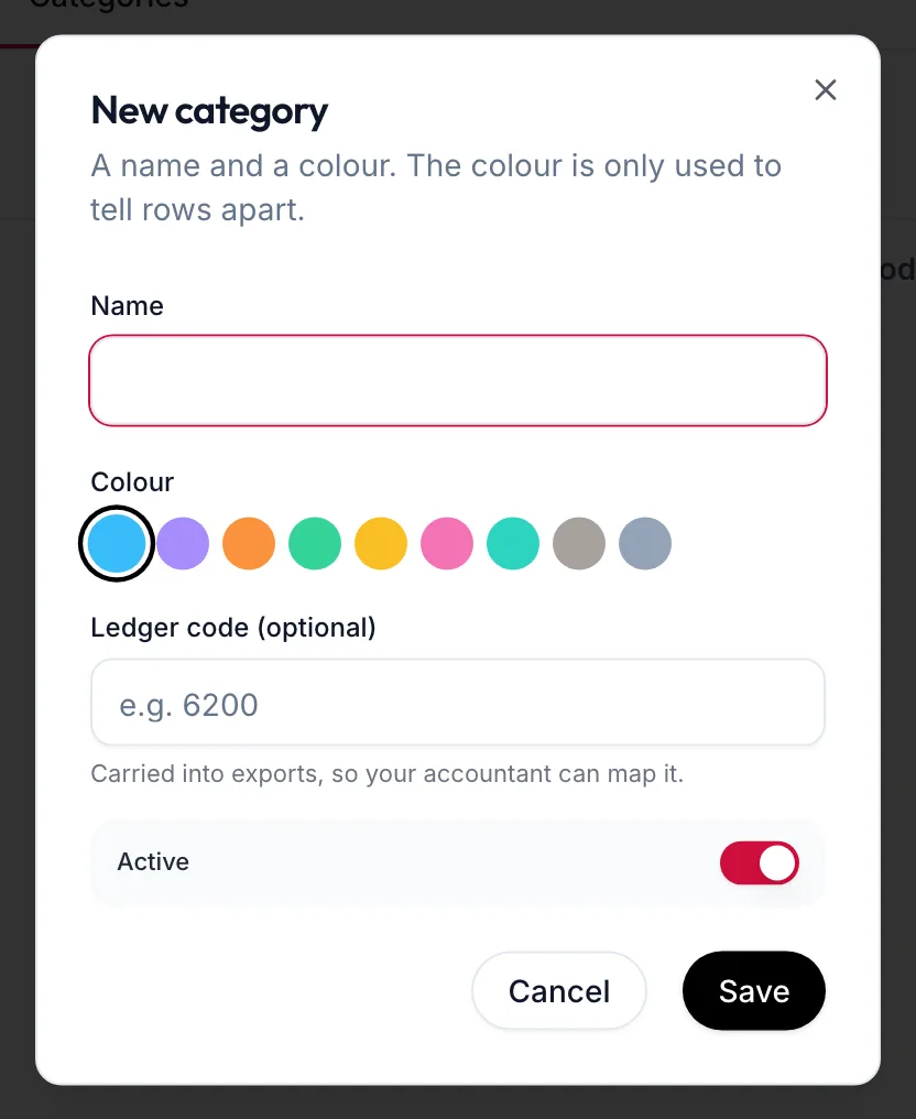 The New category dialog