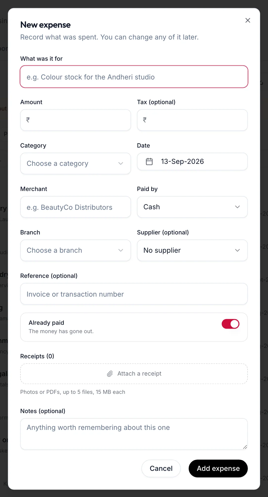 The New expense dialog