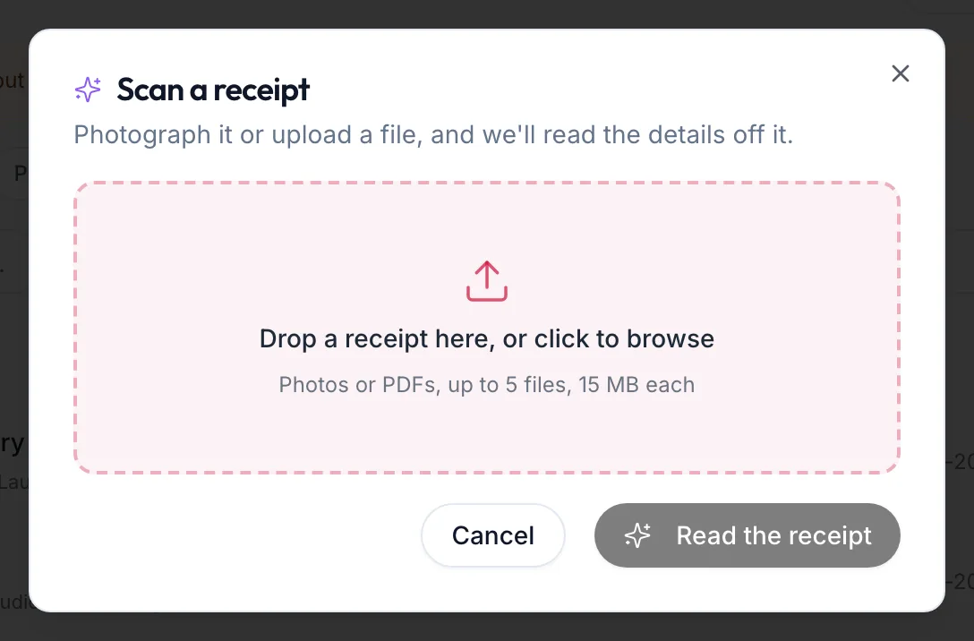 The Scan a receipt dialog