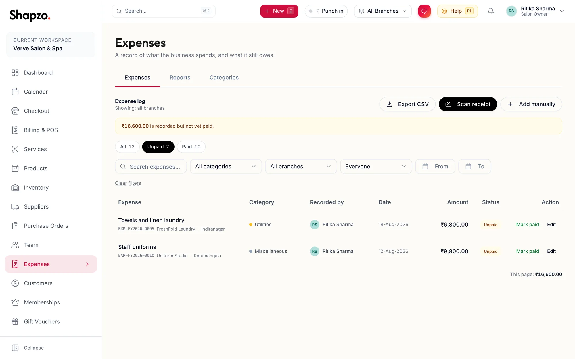 The Expenses log filtered to Unpaid