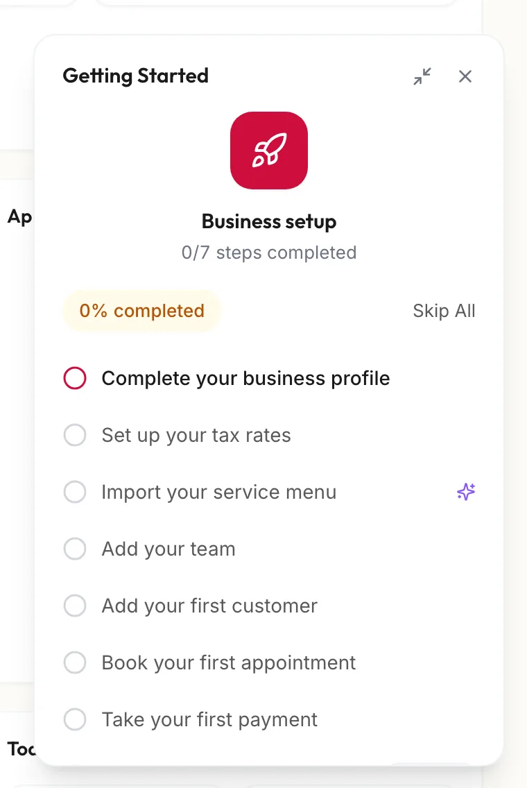 The Getting Started panel with its setup steps