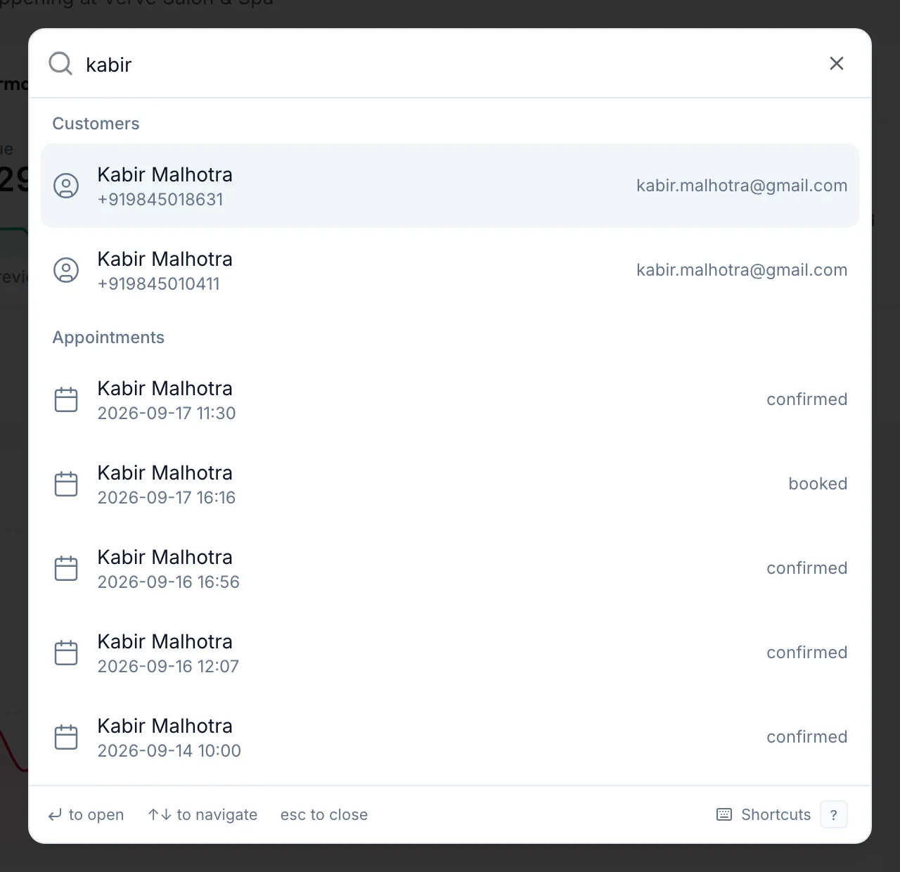 The global search open with results for a customer name