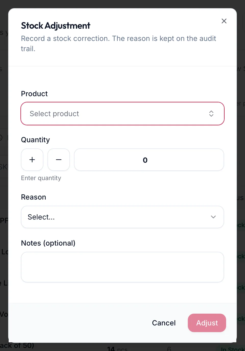 The Stock Adjustment dialog