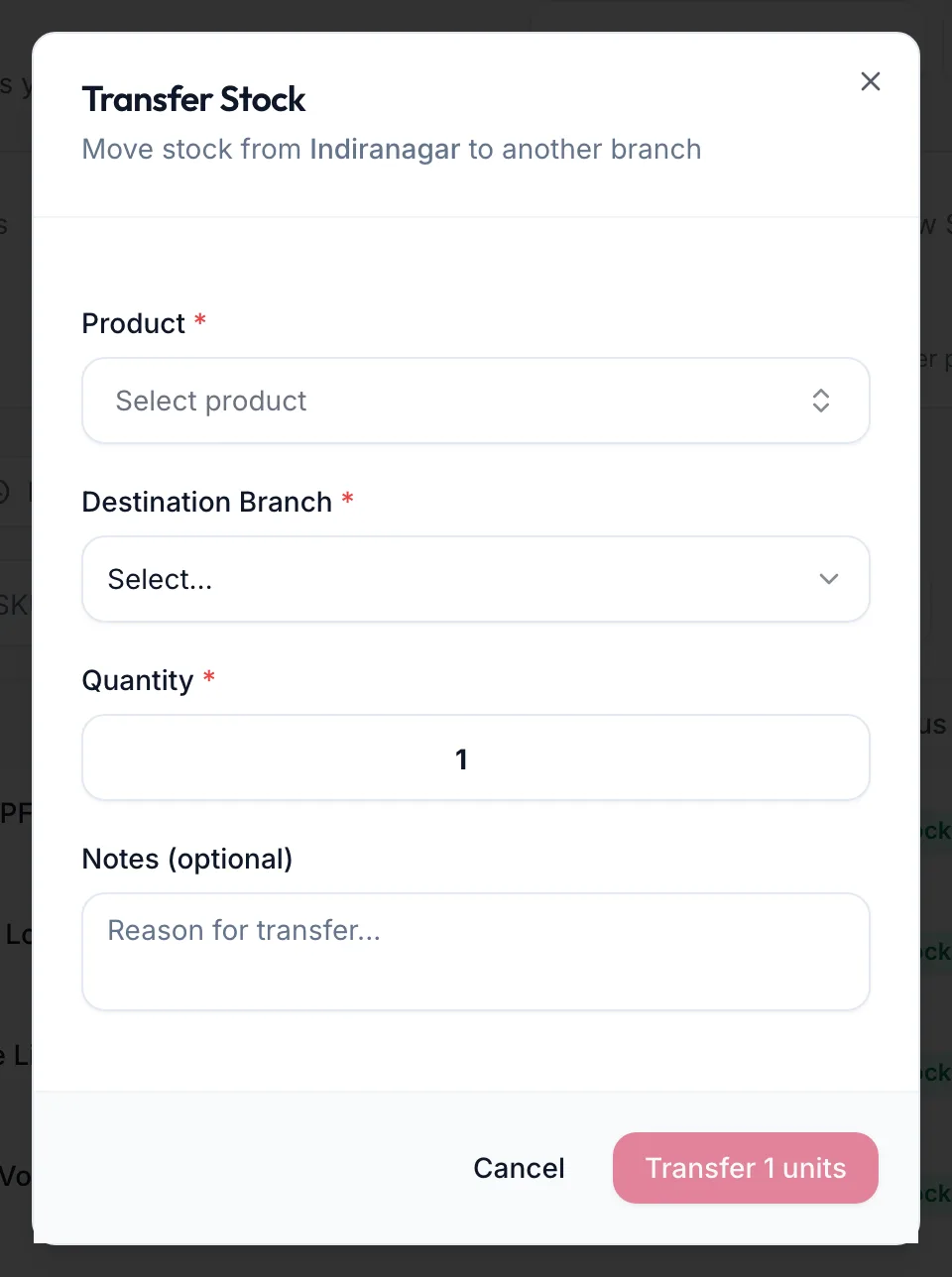 The Transfer Stock dialog