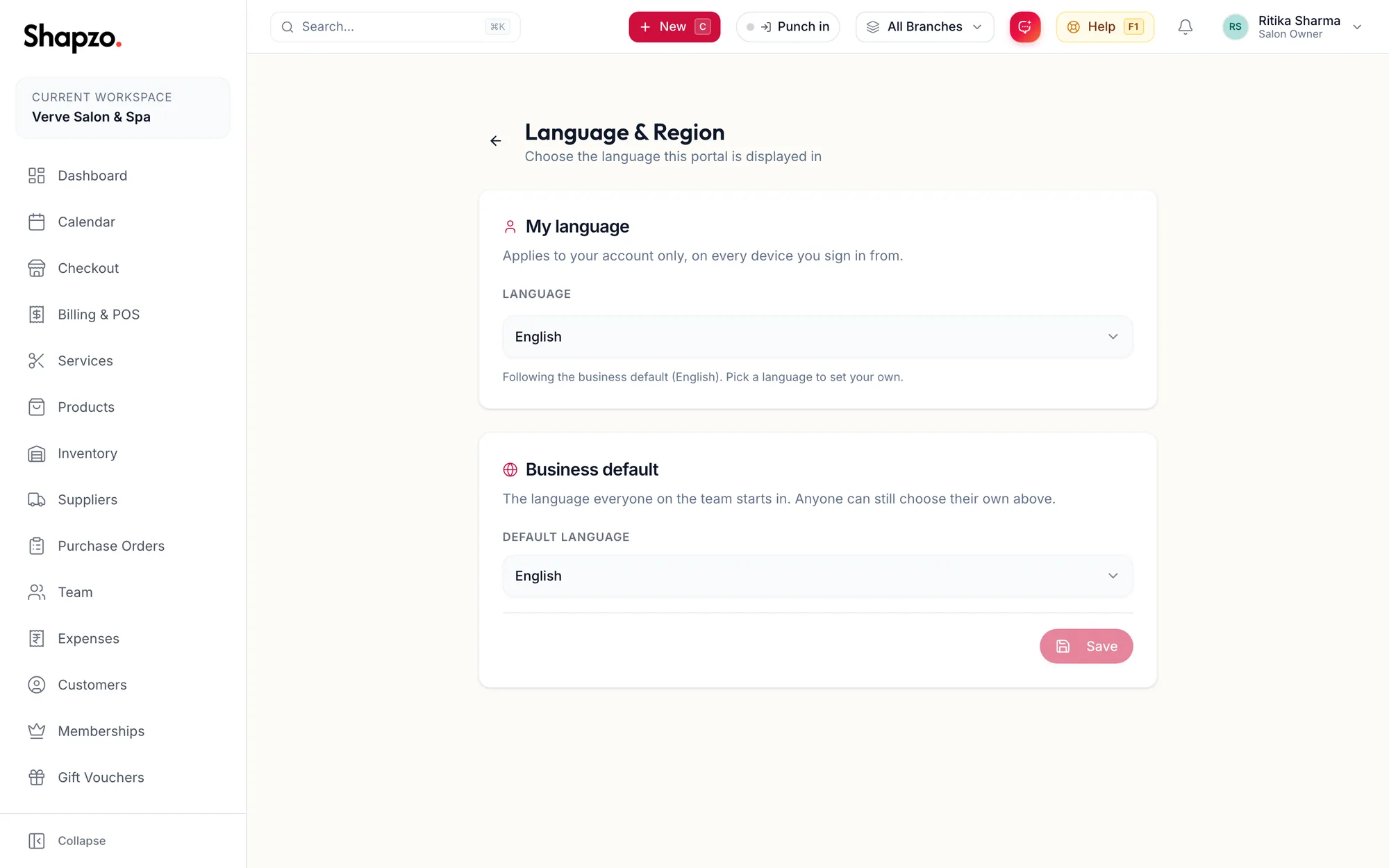 The Language and Region page with My language and Business default