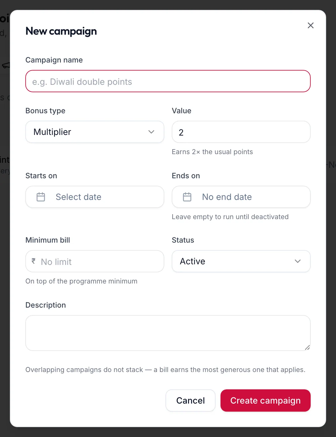 The New campaign dialog