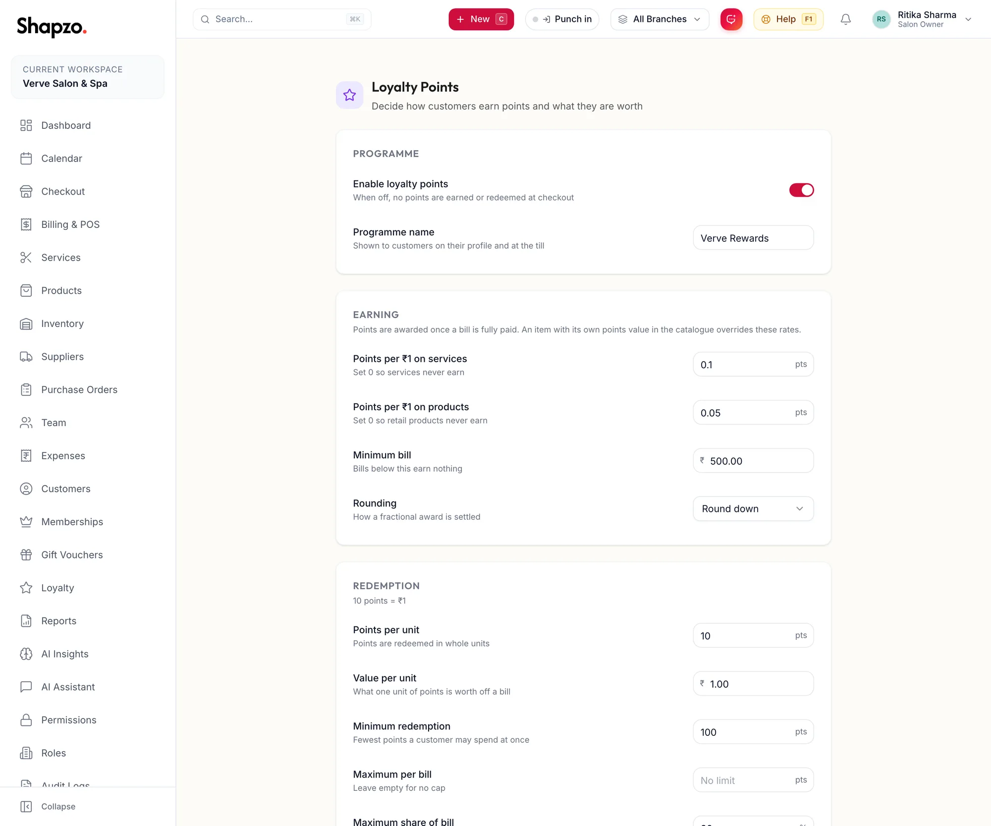 The Loyalty Points settings page