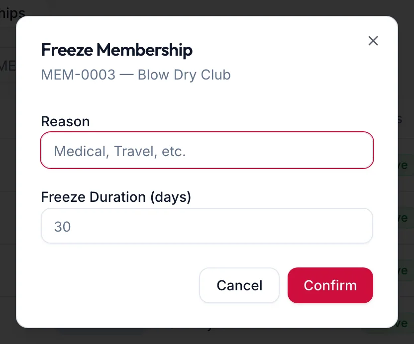 The Freeze Membership dialog