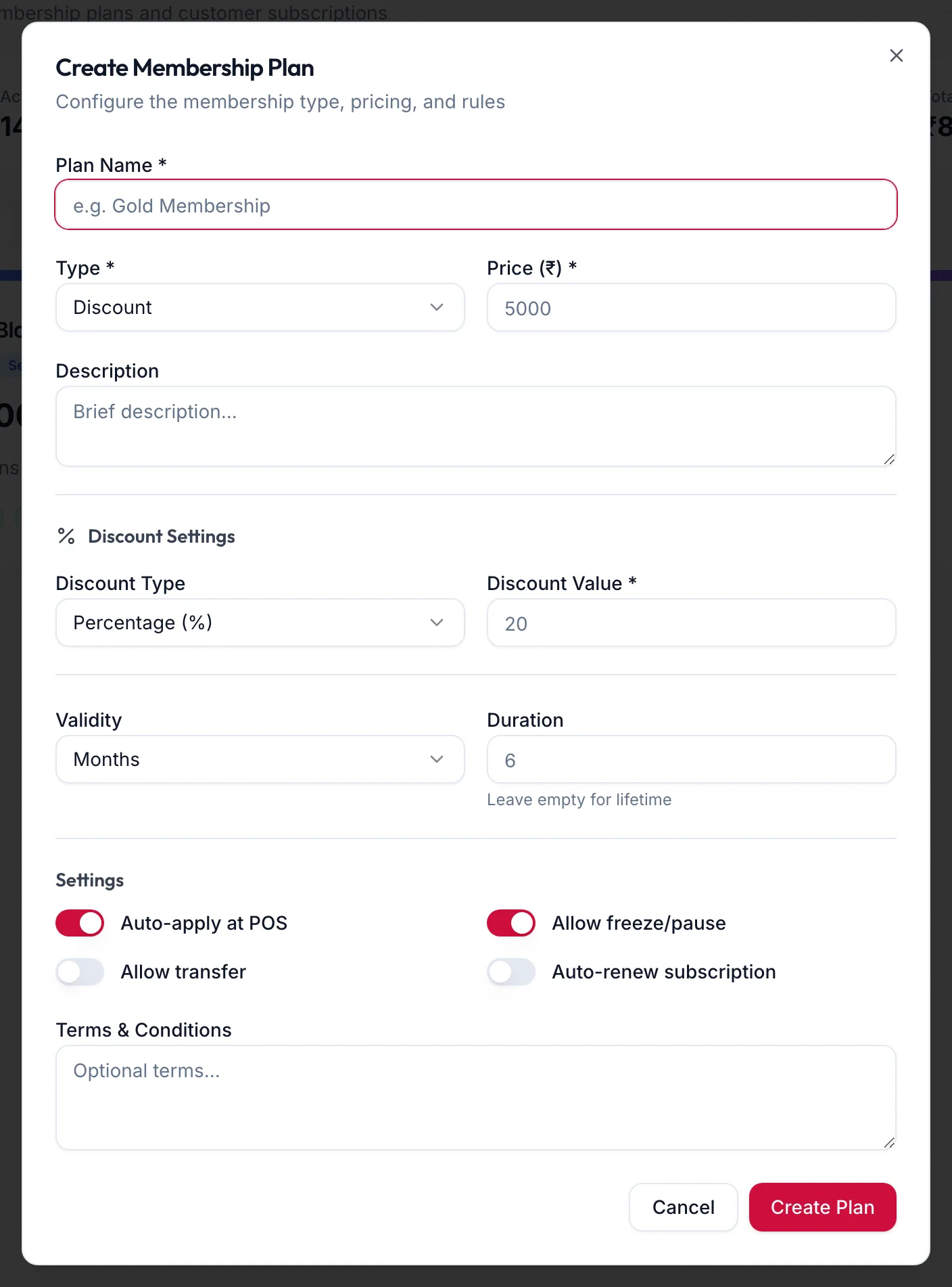 The Create Membership Plan dialog