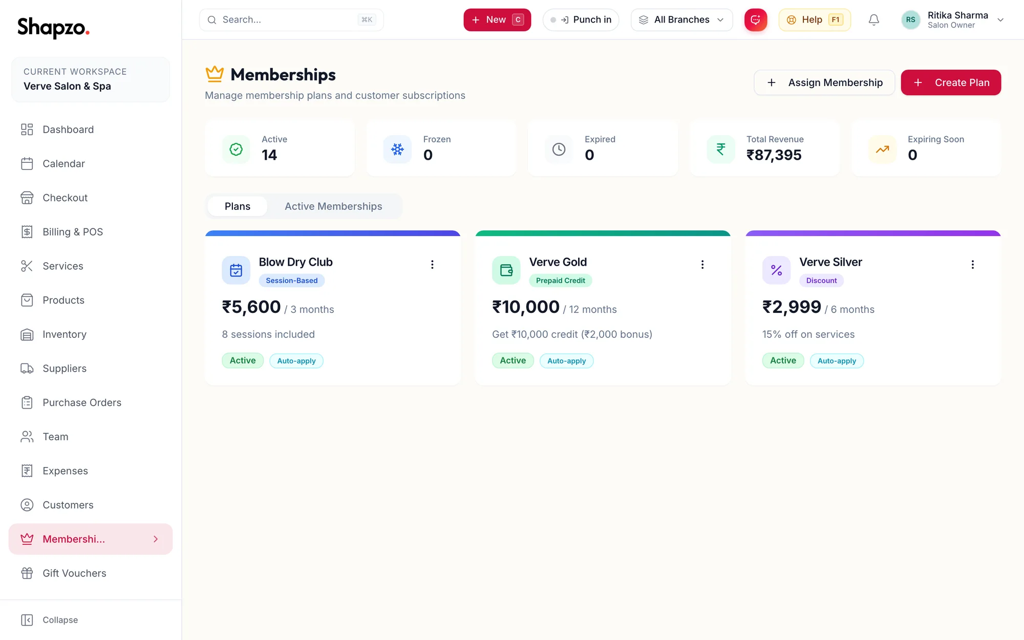 The Memberships page on the Plans tab