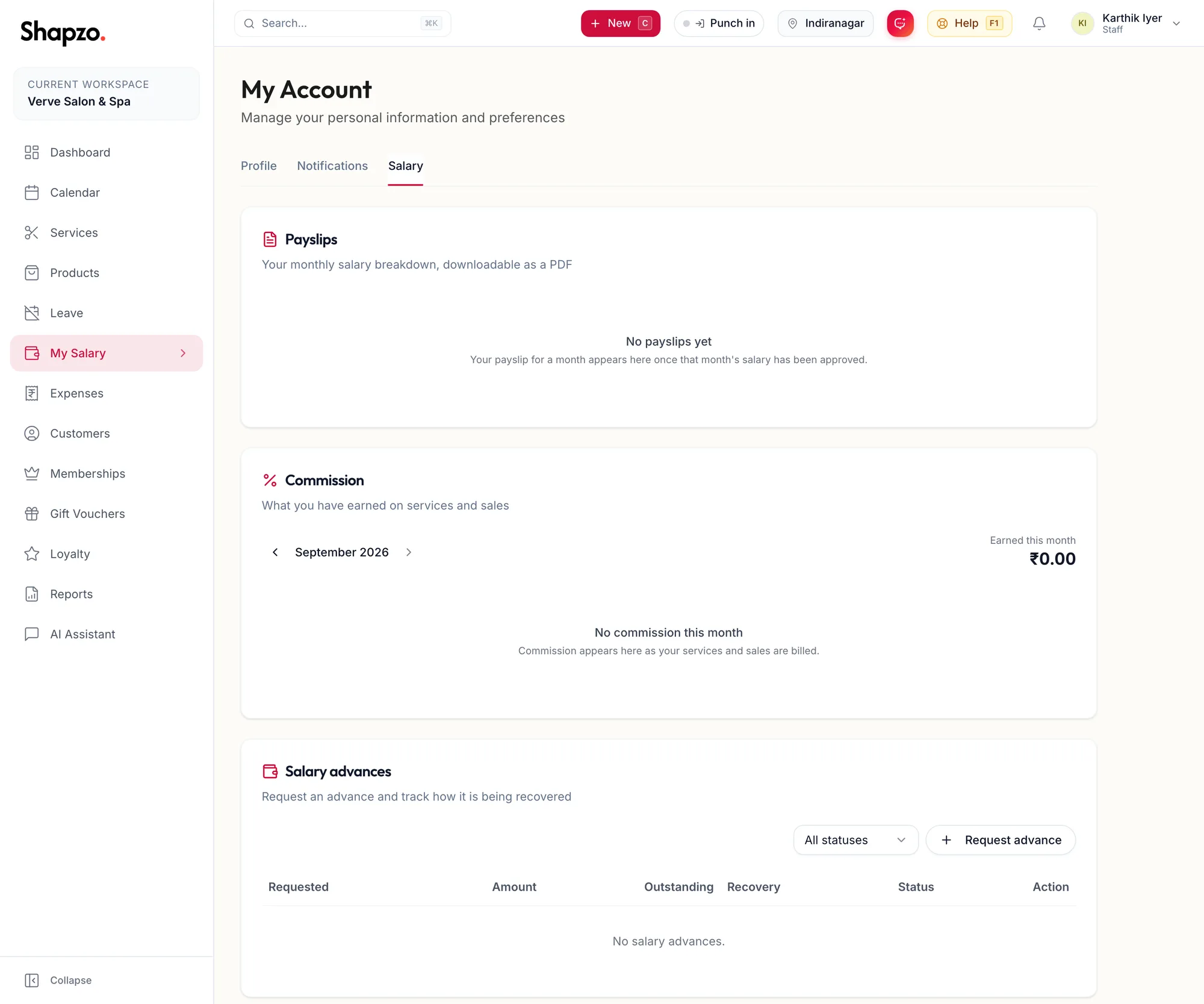 The Salary tab of My Account with its three panels