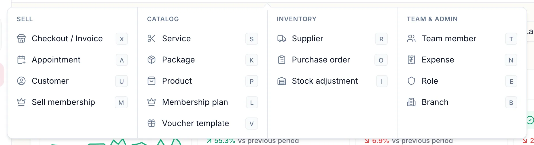 The New menu open, grouped into Sell, Catalog, Inventory and Team and admin