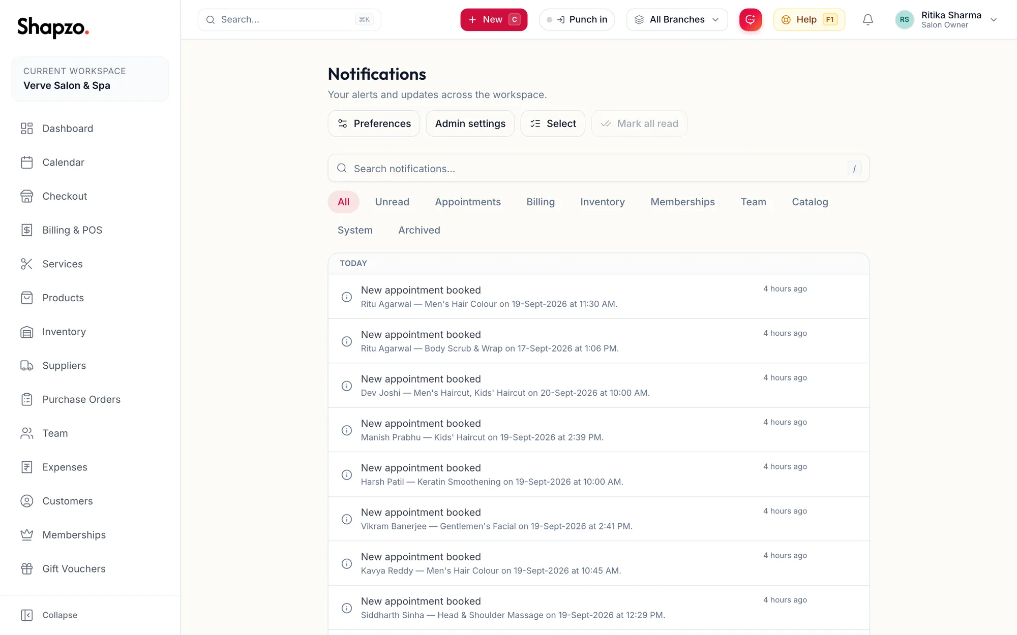 The Notifications page with its filters