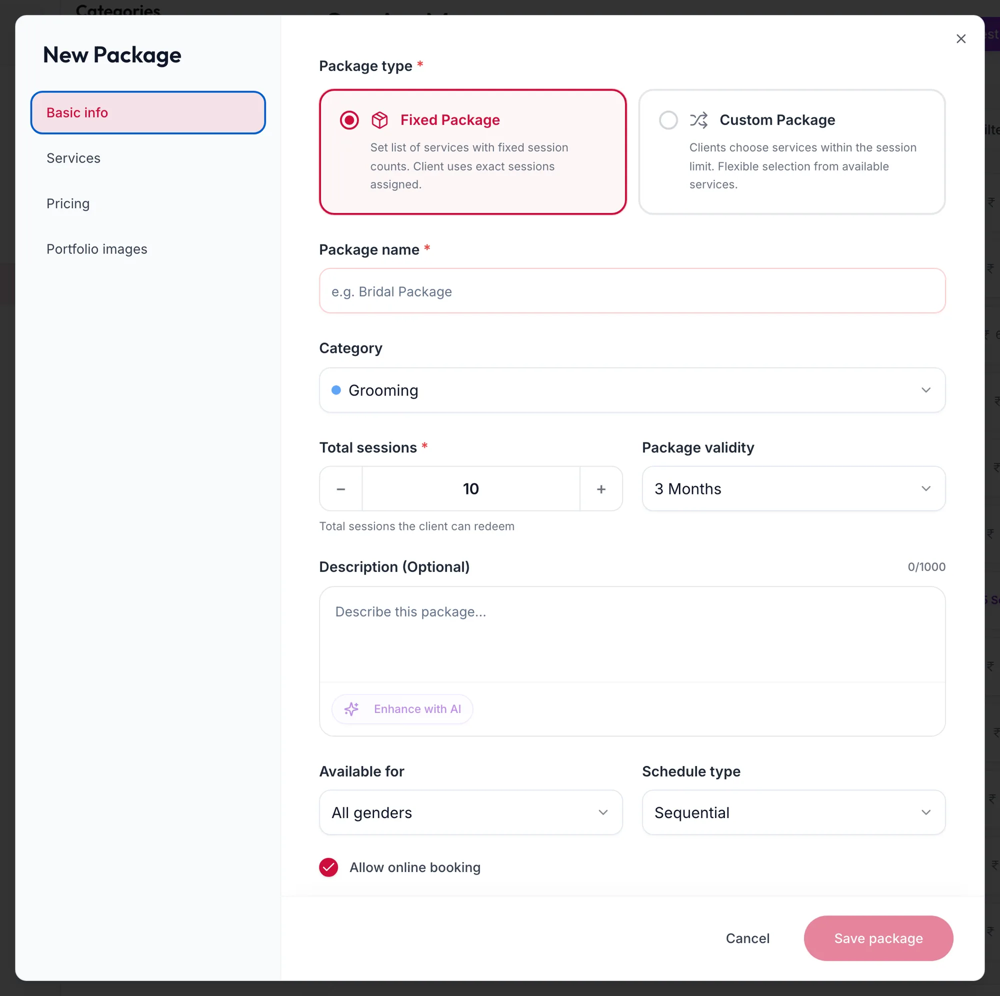 The New Package form on Basic info