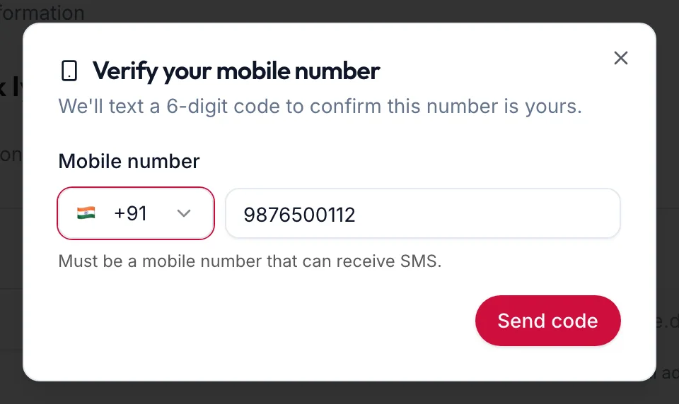 The Verify your mobile number dialog
